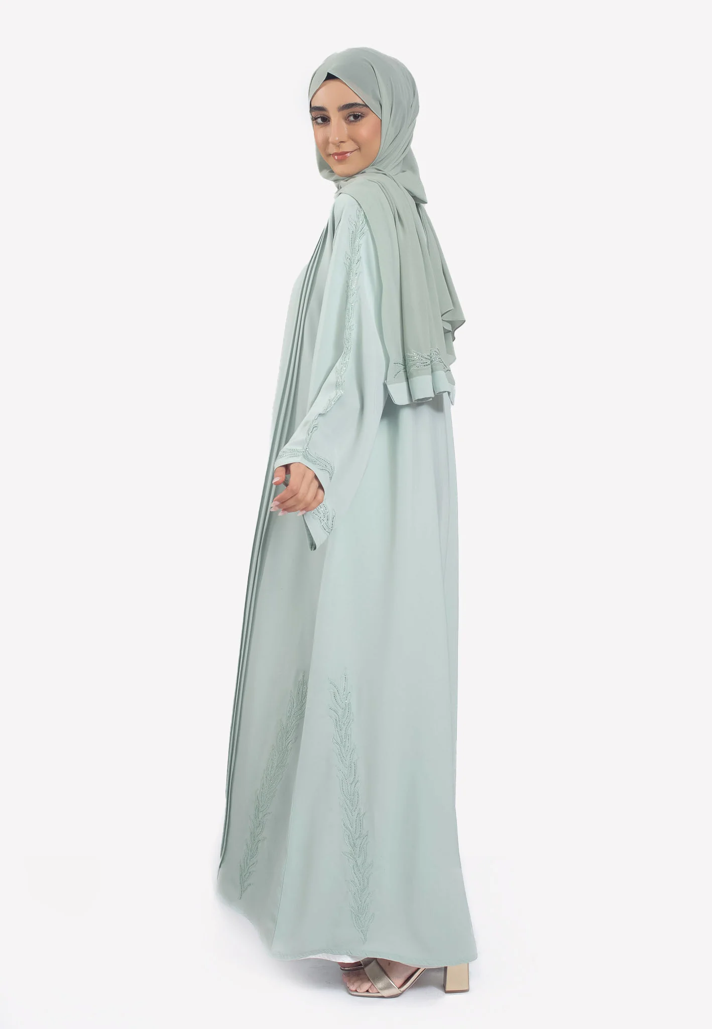 Premium Sage Open Abaya with Vine Embroidery - Hayah Al-Muslimah