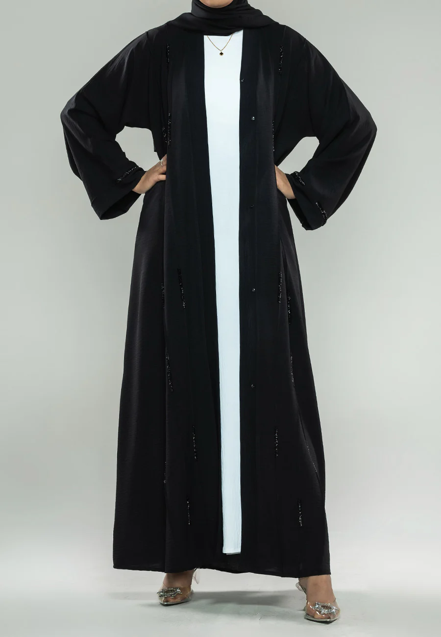 Premium Raven Black Crystal Embellished Open Abaya - Hayah Al-Muslimah