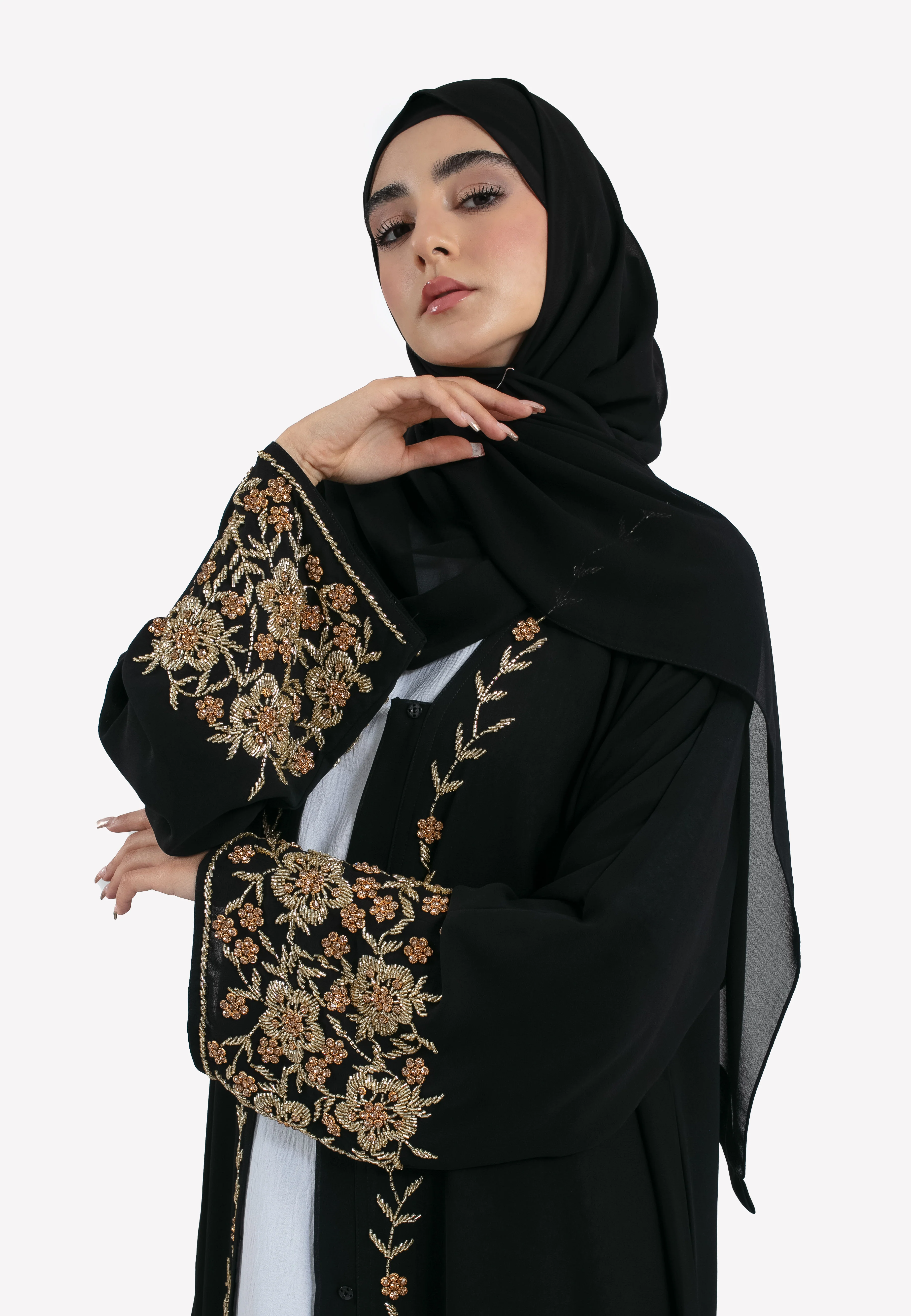 Luxury Lined Chiffon Open Abaya with Gold Embellishments - Hayah Al-Muslimah