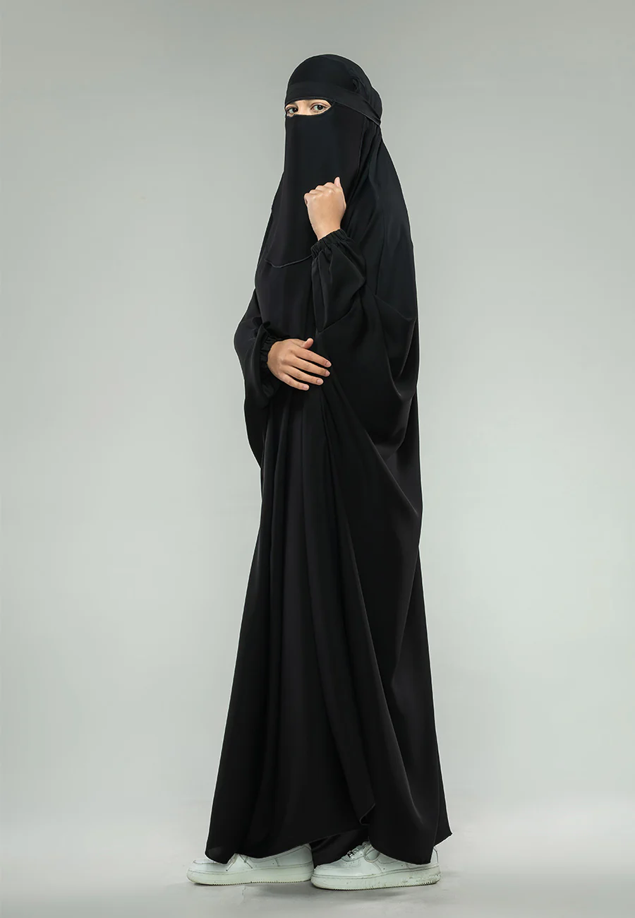 Black One-Piece Full Length Jilbab With Elasticated Cuff - Prayer / Abaya Dress (Premium) - Hayah Al-Muslimah