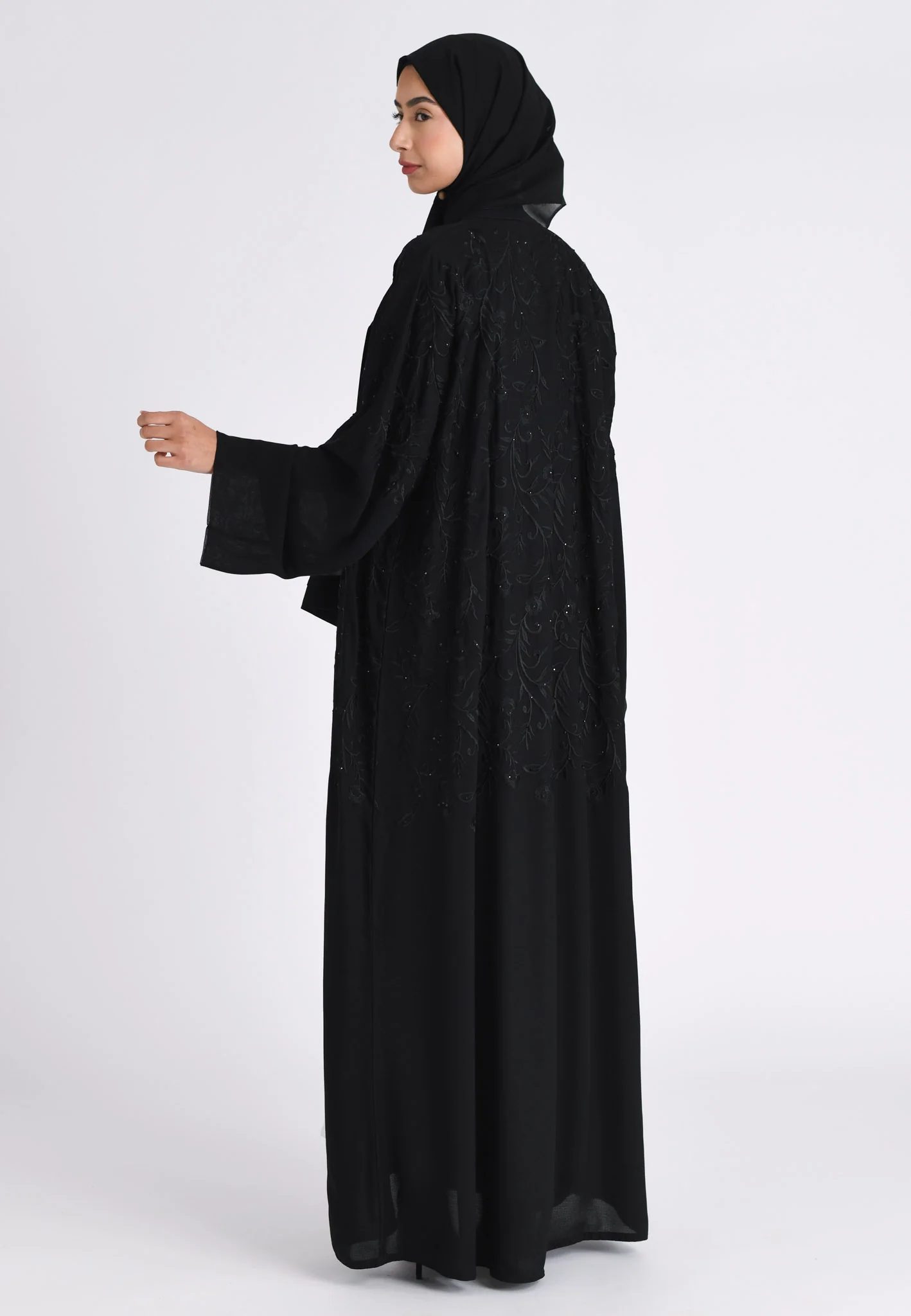 Luxury Black Floral Kimono Open Abaya - Hayah Al-Muslimah