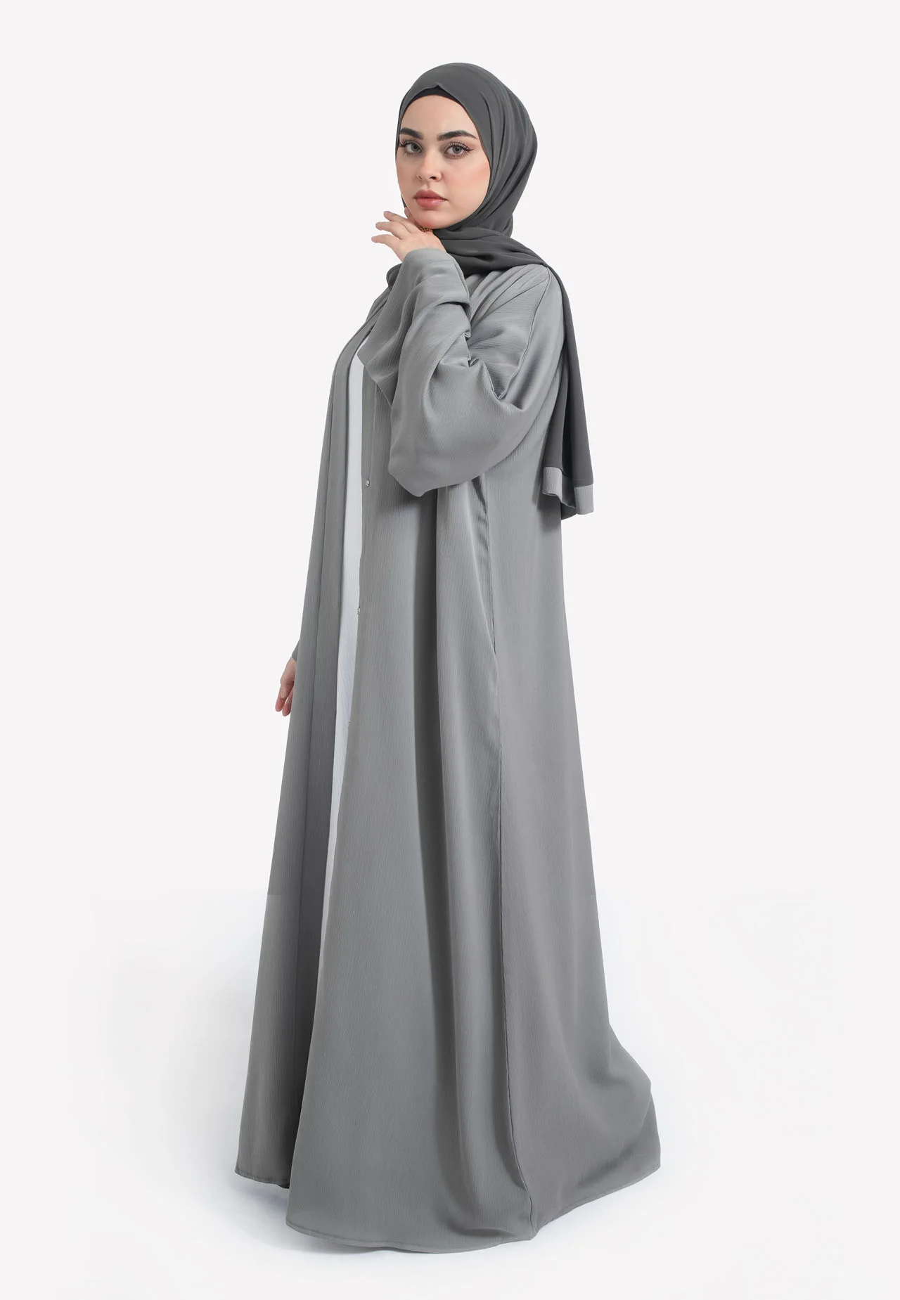 Plain Pebble Grey Textured Open Abaya - Hayah Al-Muslimah