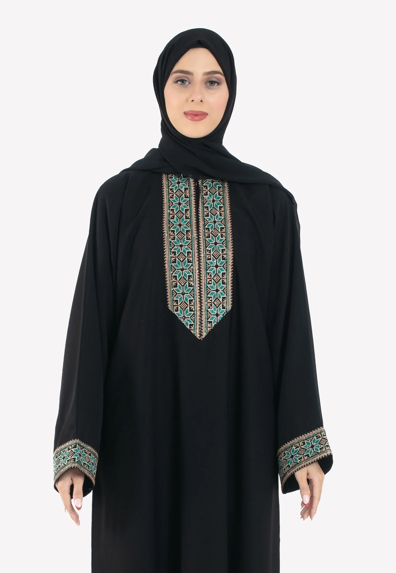 Palestinian Tatreez Closed Abaya - Turquoise & Gold - Hayah Al-Muslimah