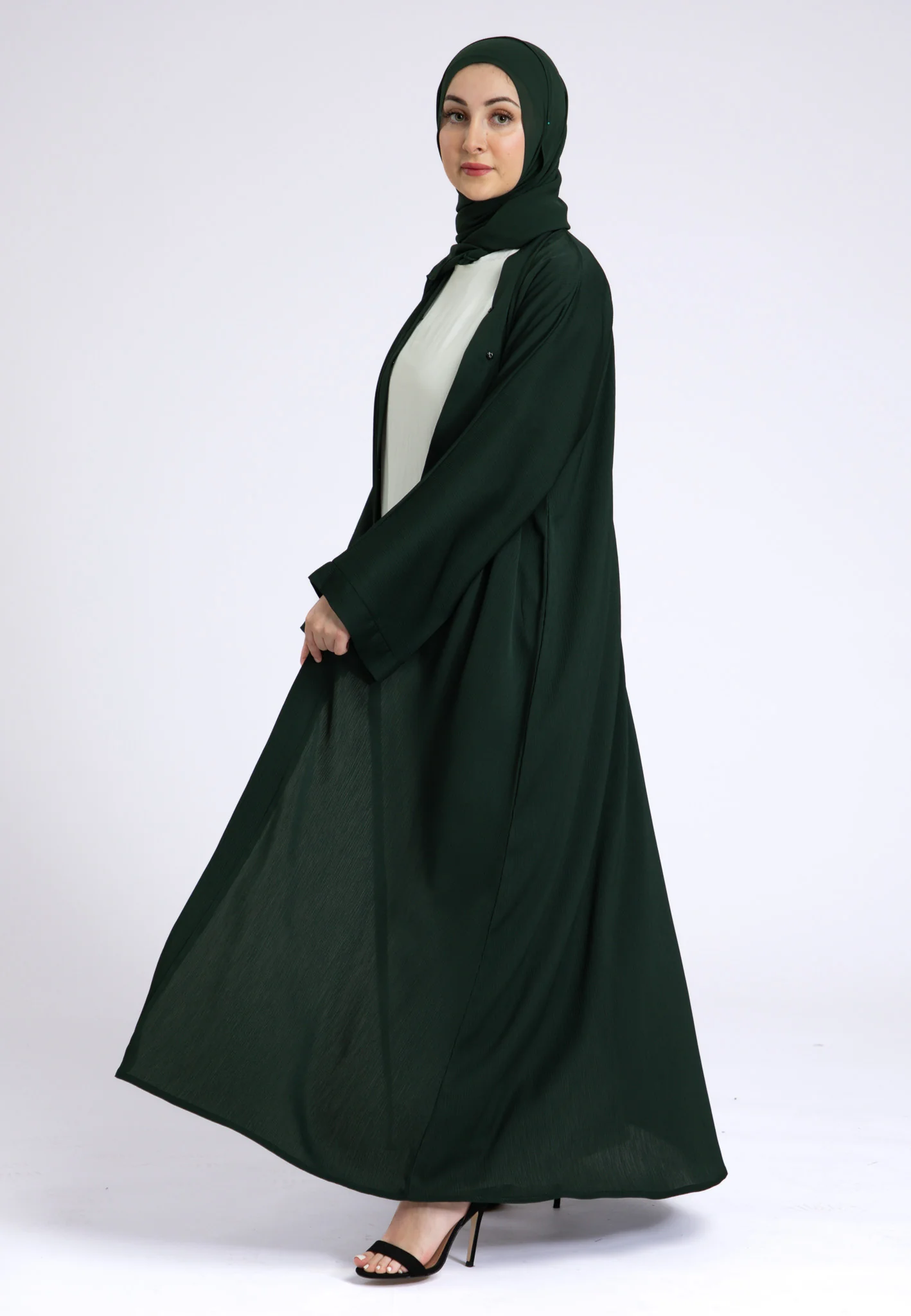 Plain Emerald Green Textured Open Abaya (Premium) - Hayah Al-Muslimah
