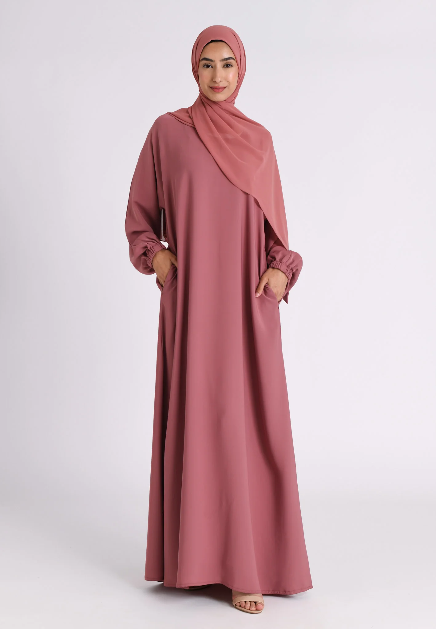 Soft Rosewood Closed Abaya with Zip Pockets & Cuff Sleeves (Premium) - Hayah Al-Muslimah