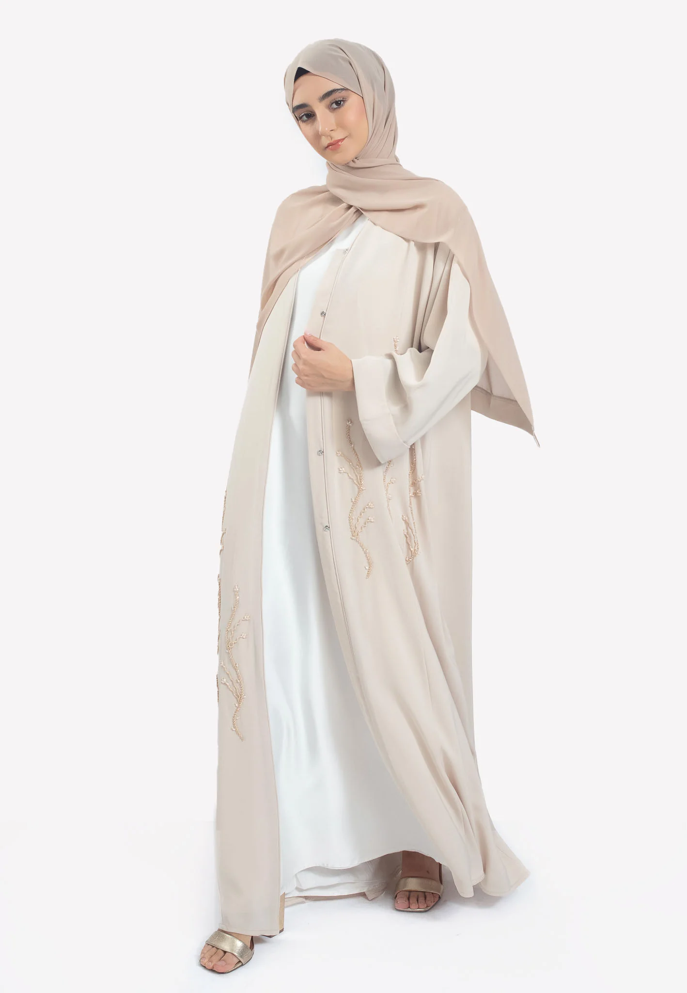 Luxury Beige Emirati Open Abaya with Embellishments - Hayah Al-Muslimah
