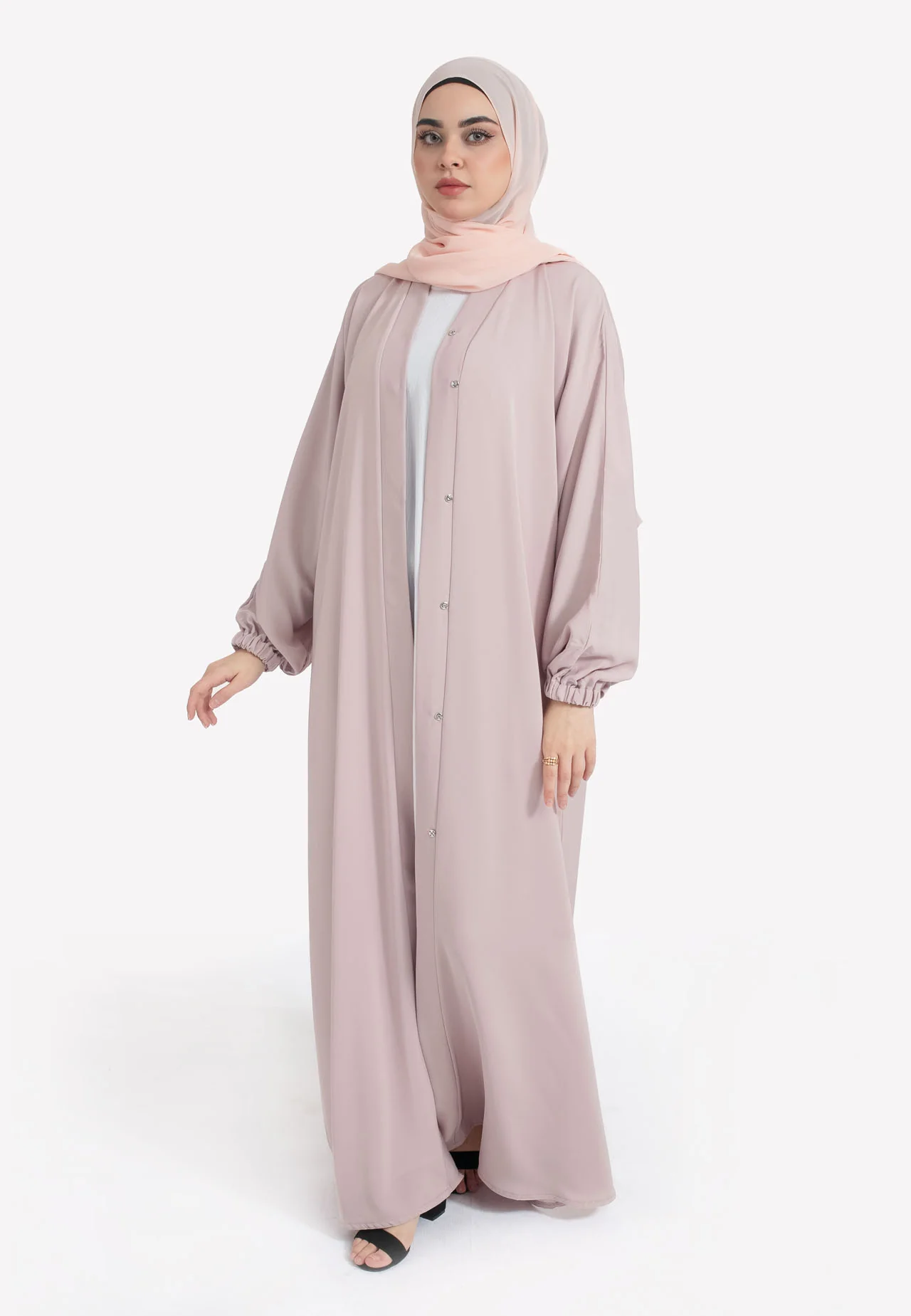 Plain Baby Pink Open Abaya With Elasticated Cuff Sleeves - Hayah Al-Muslimah