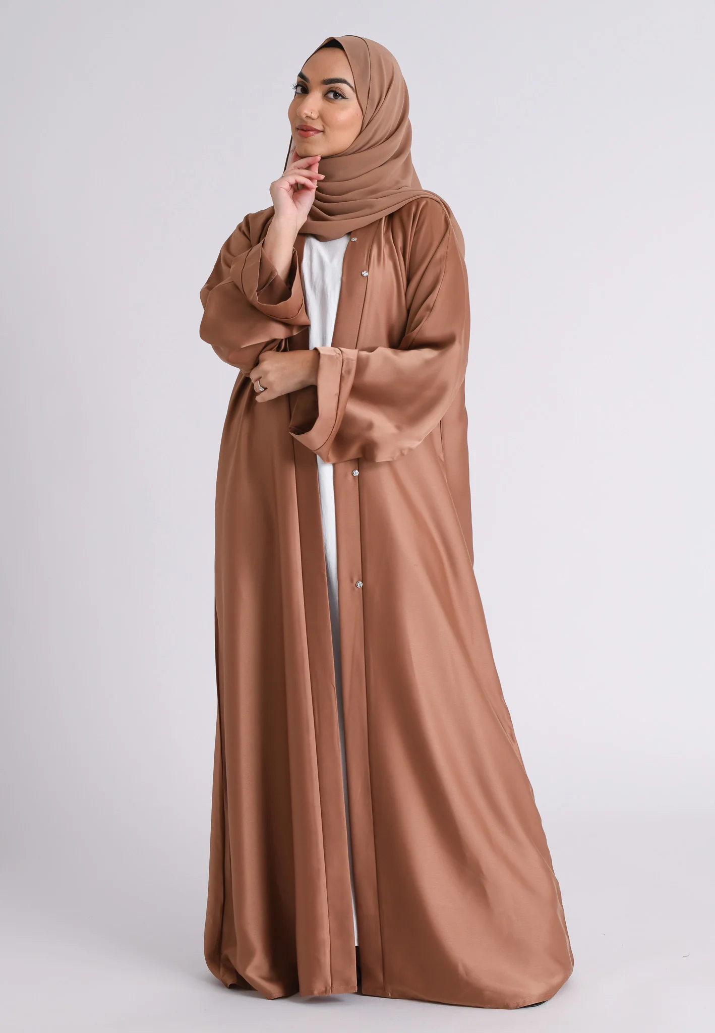 Plain Liquid Satin Open Abaya - Bronze - Hayah Al-Muslimah