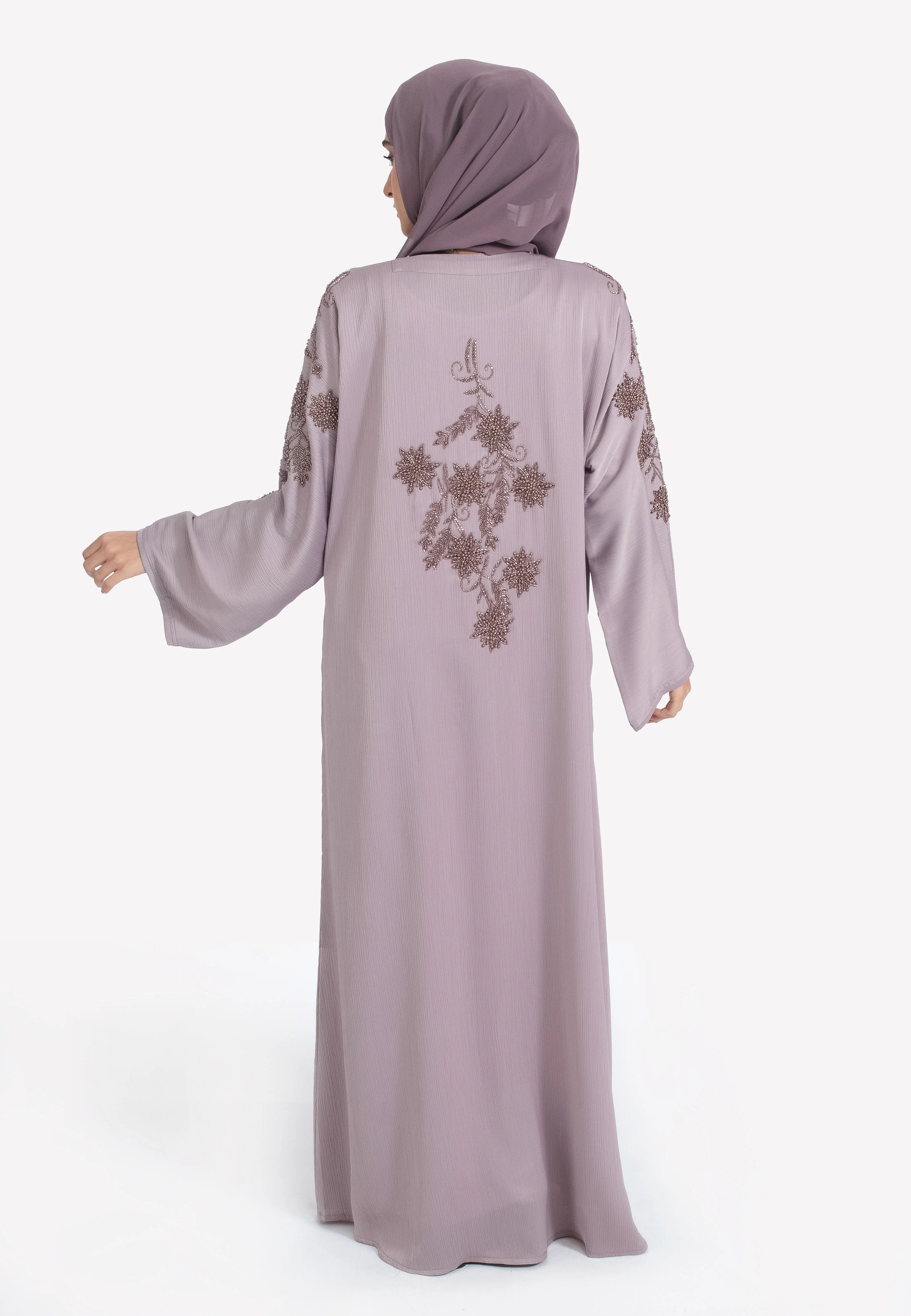 Lilac Textured Closed Abaya With Copper Embellishments - Hayah Al-Muslimah