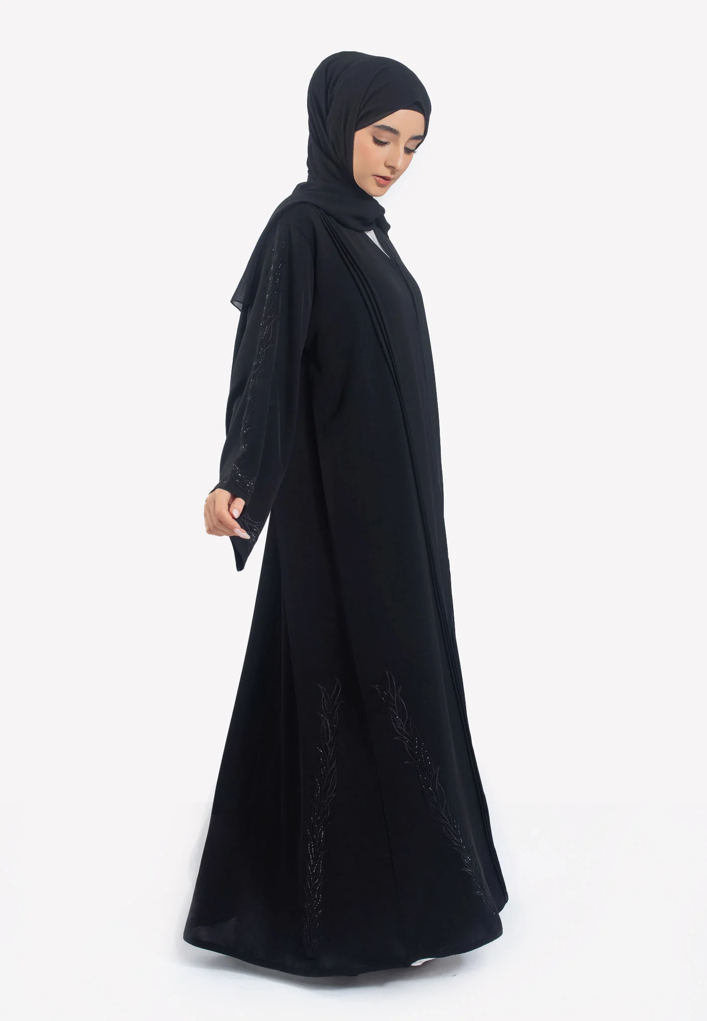 Premium Black on Black Embroidered Open Abaya - Hayah Al-Muslimah