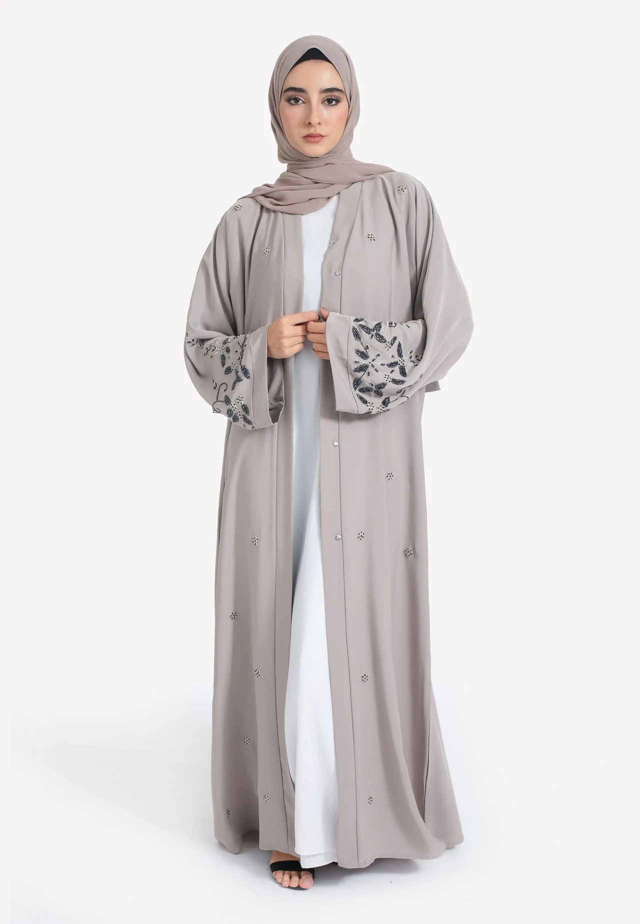 French Taupe Embellished Open Abaya - Hayah Al-Muslimah