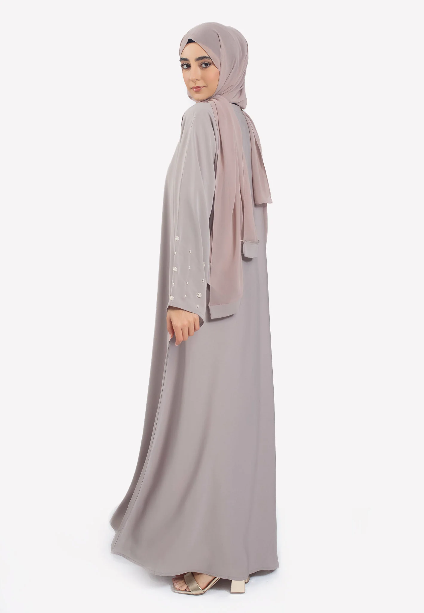 Premium Earth Grey Premium Nida Abaya with Minimal Pearl Cuffs - Hayah Al-Muslimah