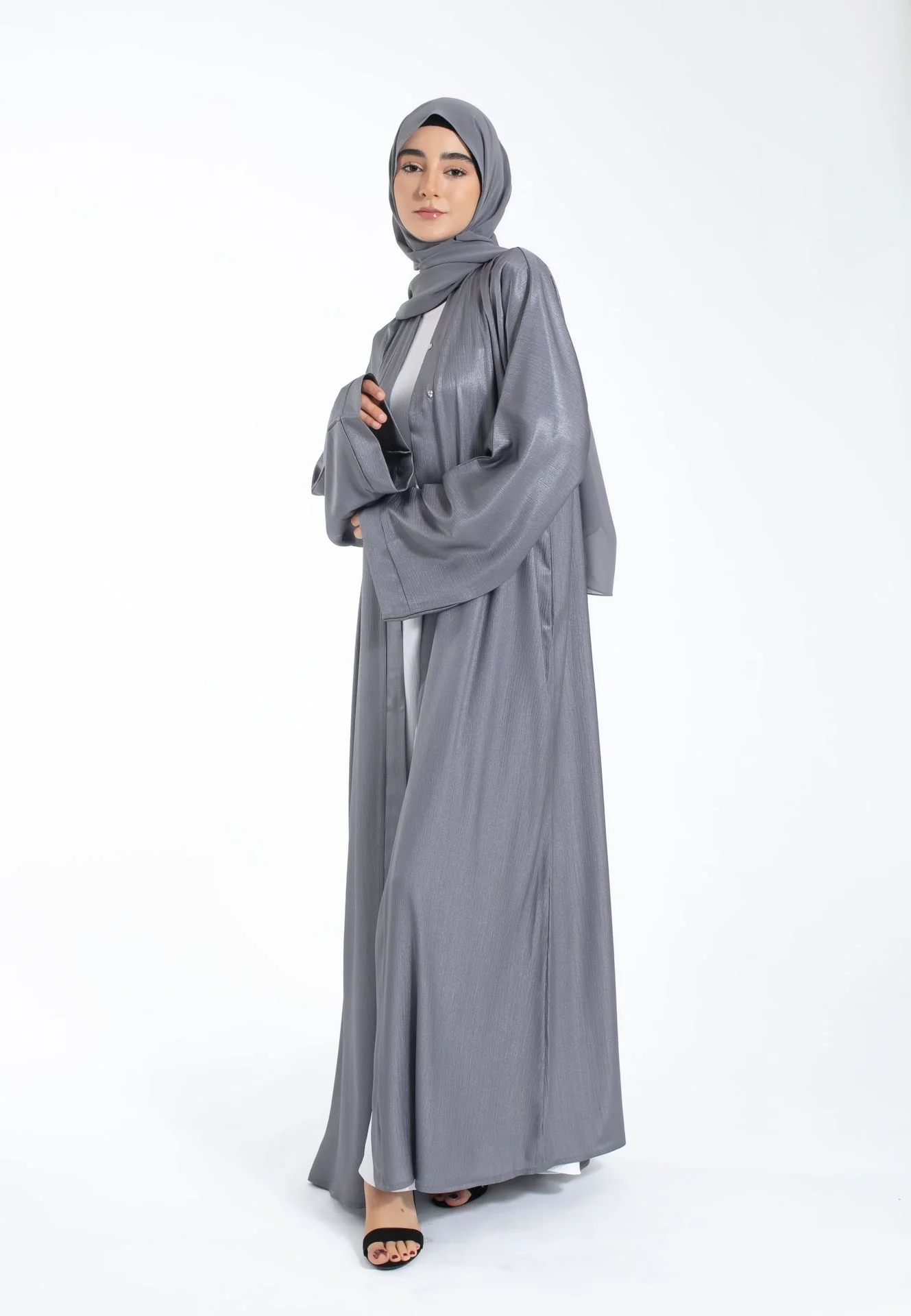 Shimmer Textured Open Abaya - Silver Grey - Hayah Al-Muslimah