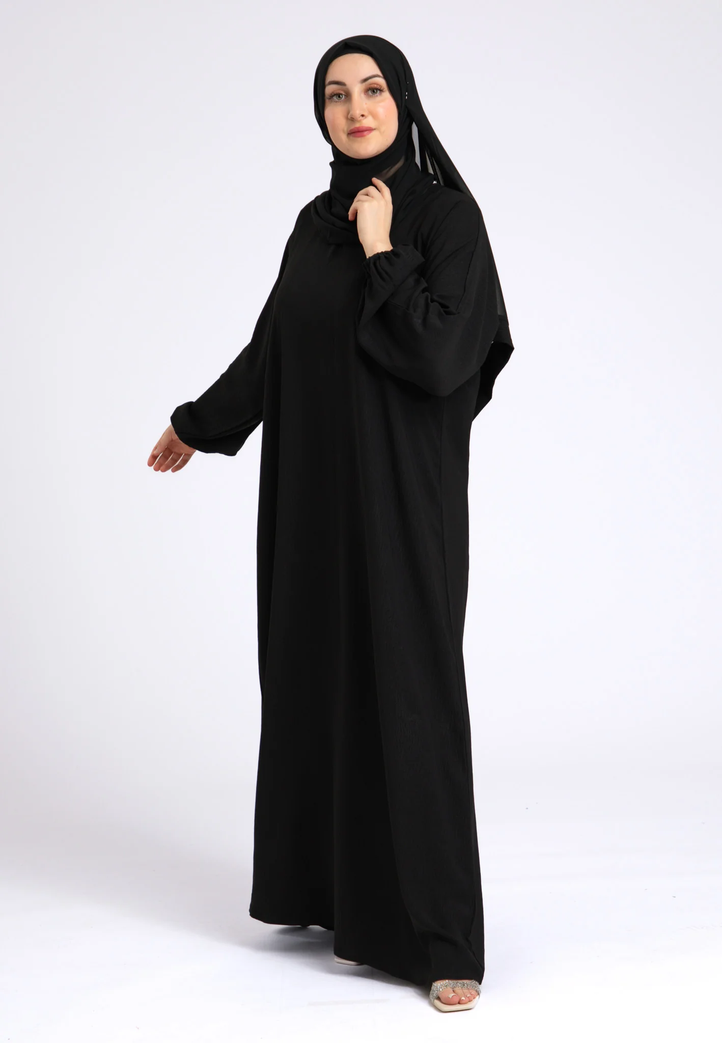 Basic Everyday Abaya With Elasticated Sleeves - Black - Hayah Al-Muslimah