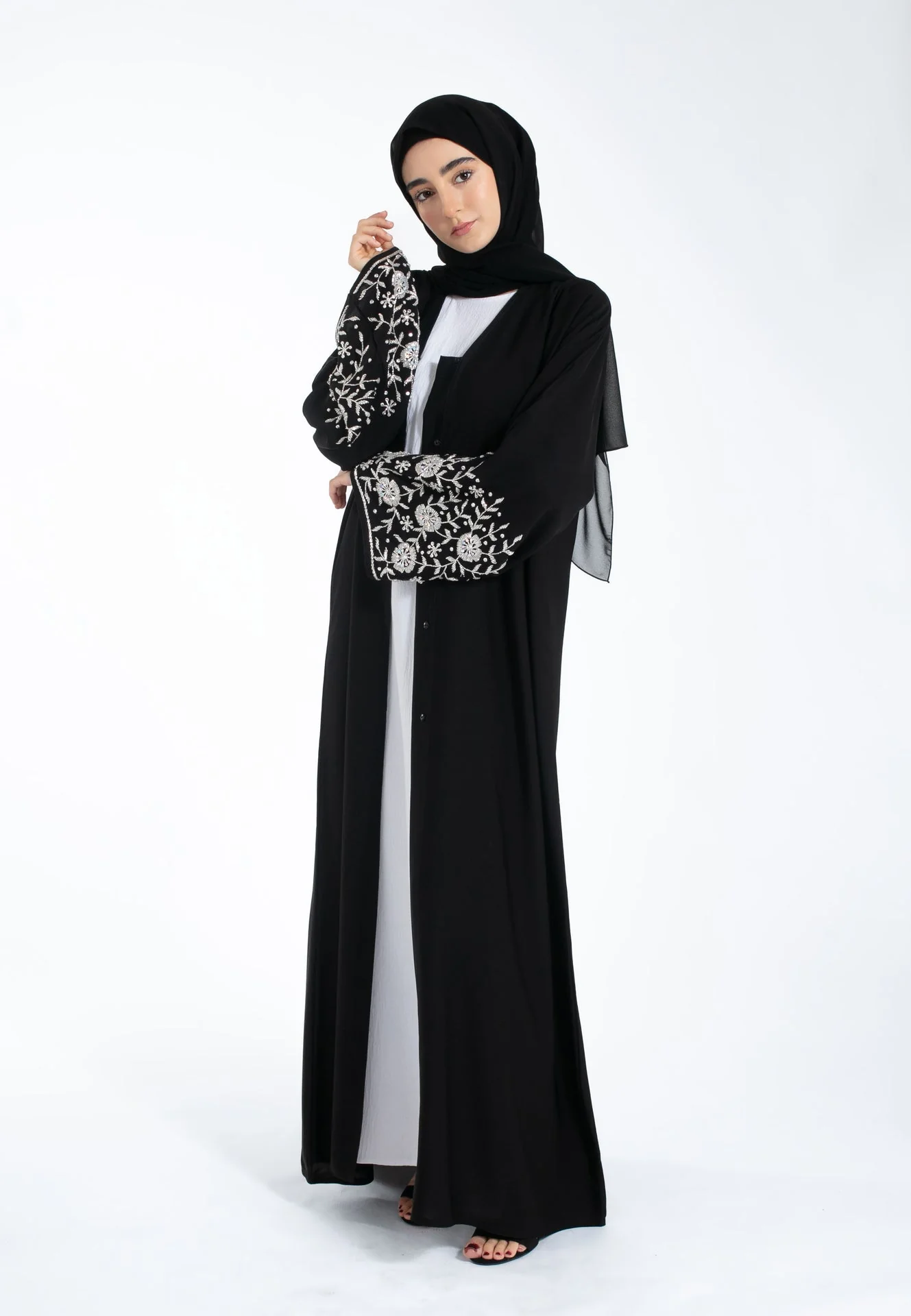 Elegance In Bloom Embellished Open Abaya - Hayah Al-Muslimah