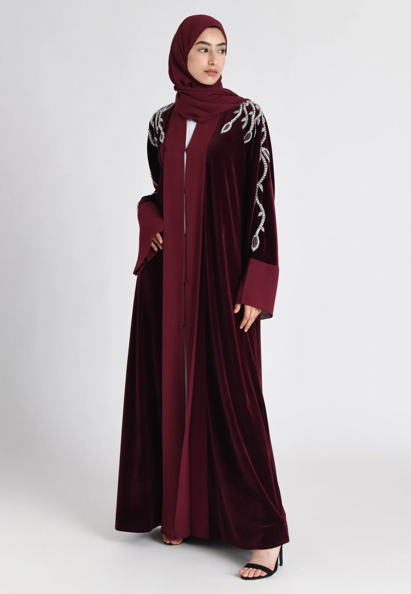 Luxury Ruby Velvet Open Abaya (Premium) - Hayah Al-Muslimah