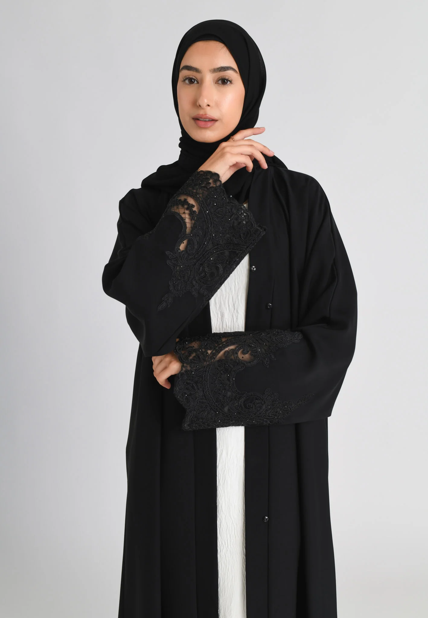 Elegant Black Net Lace Open Abaya (Premium) - Hayah Al-Muslimah