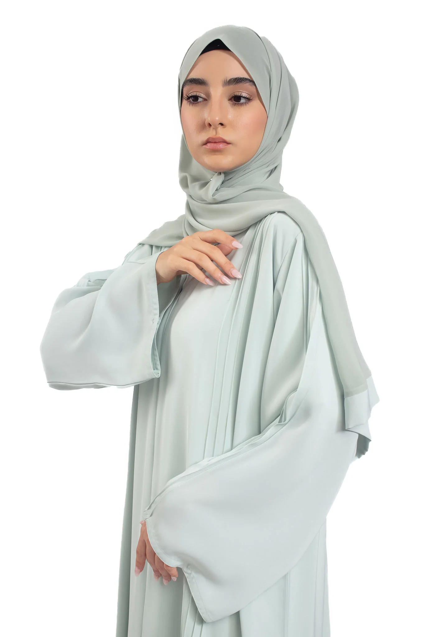 Premium Sage Closed Abaya with Pleats Detailing - Hayah Al-Muslimah