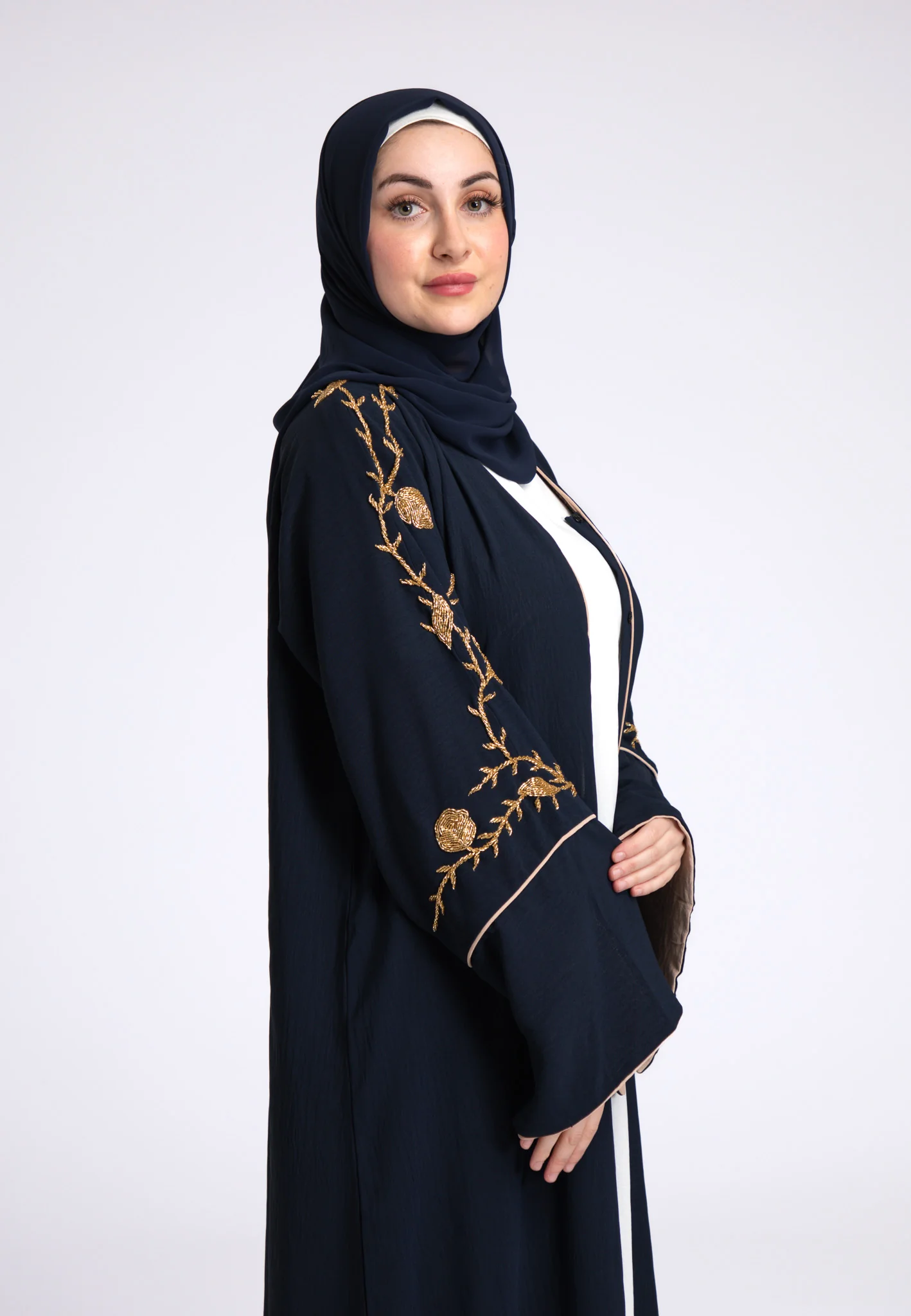 Luxury Midnight Navy Embellished Open Abaya (Premium) - Hayah Al-Muslimah