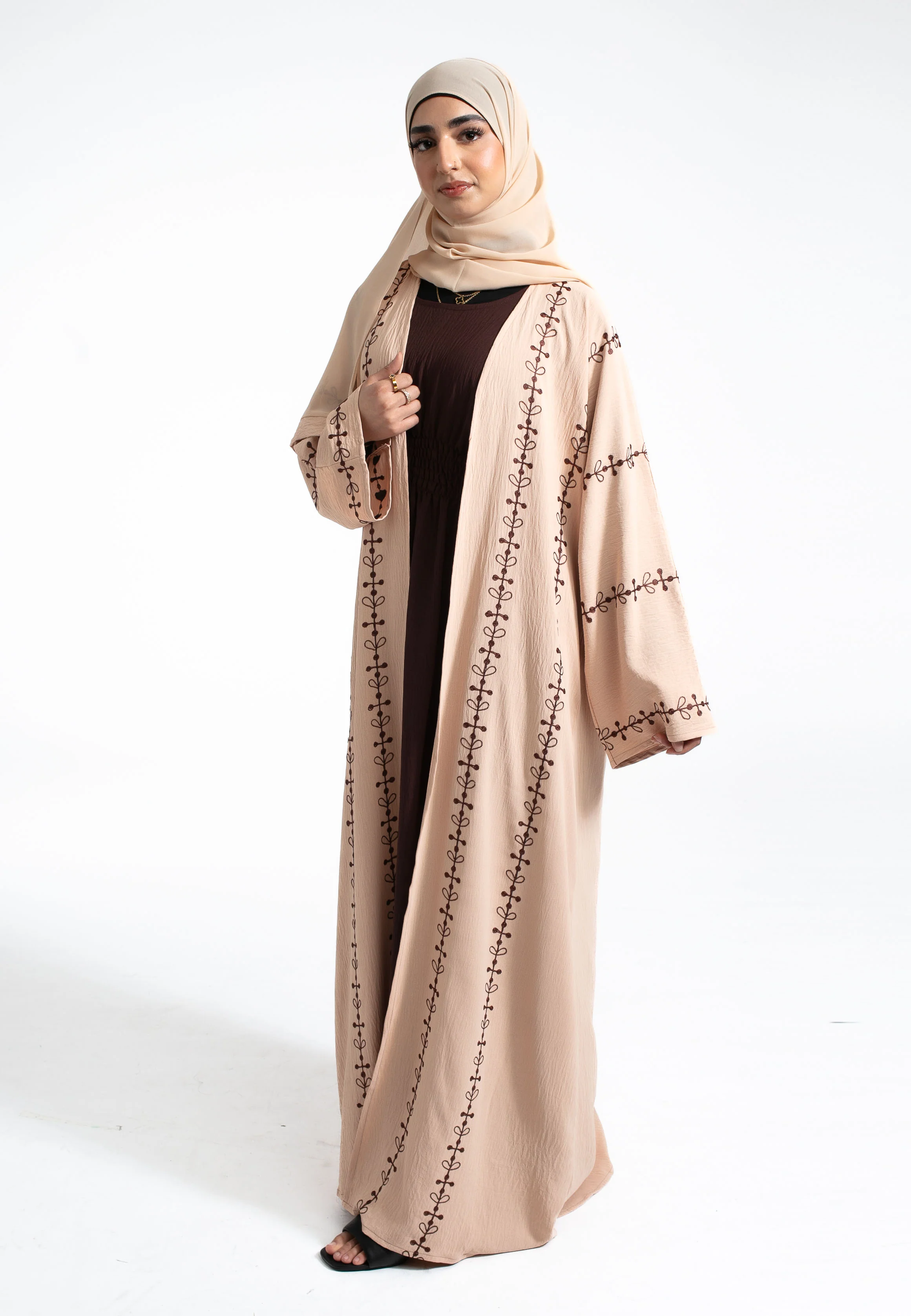 Premium Beige Bliss Open Abaya Set - Hayah Al-Muslimah