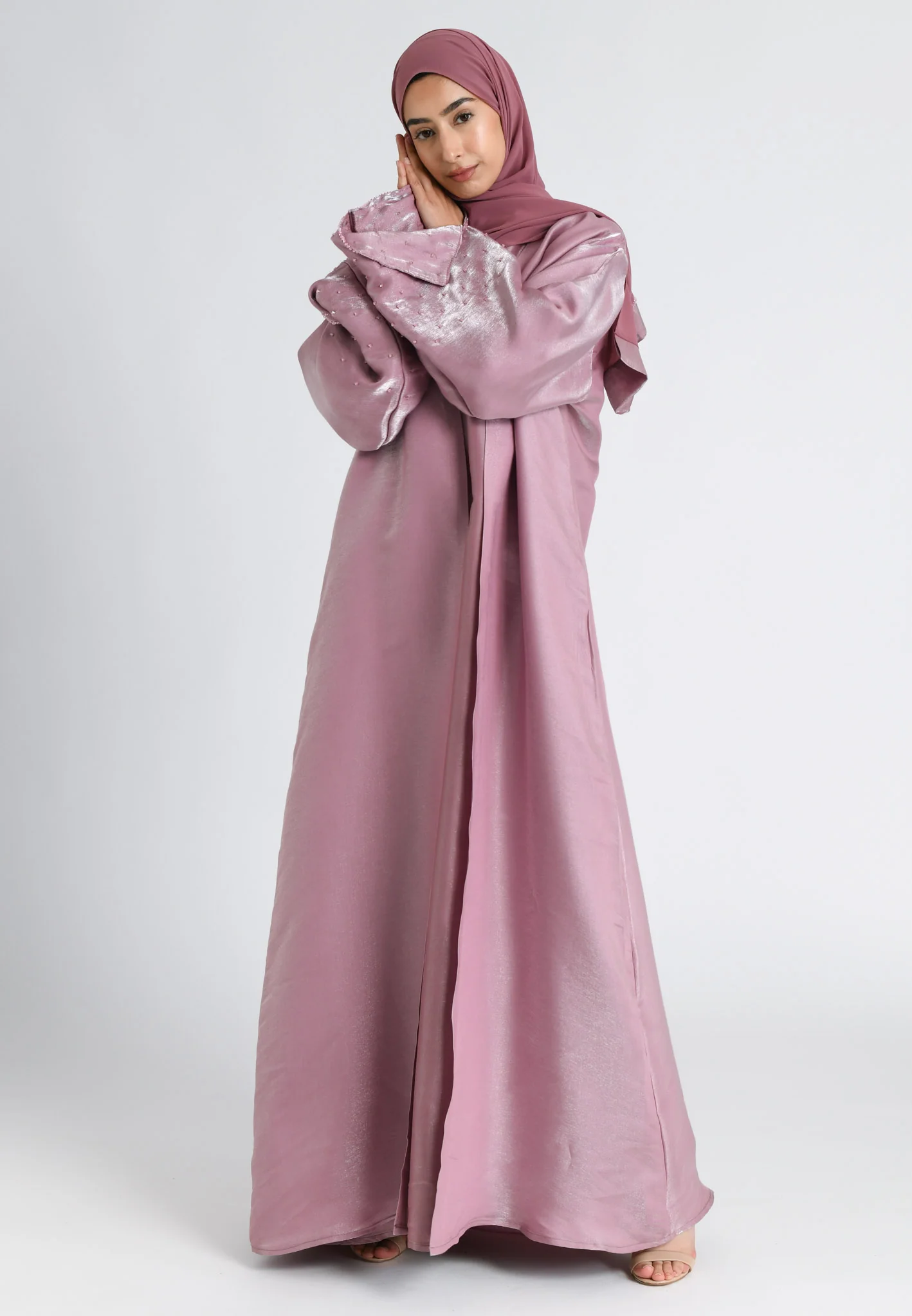 Blush Suede 4-Piece Liquid Organza Abaya Set - Hayah Al-Muslimah