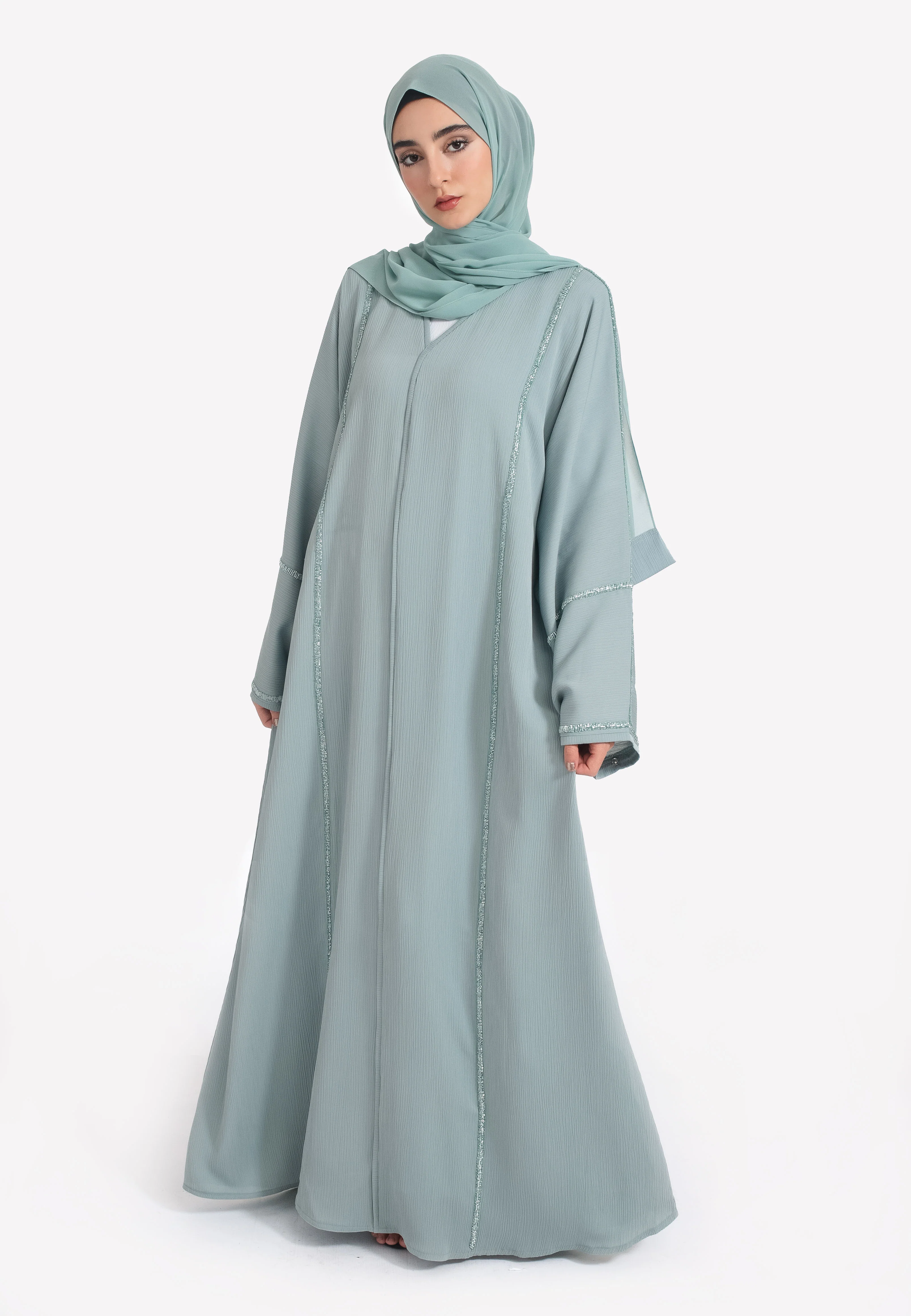 Powder Green Closed Embellished Abaya - Hayah Al-Muslimah