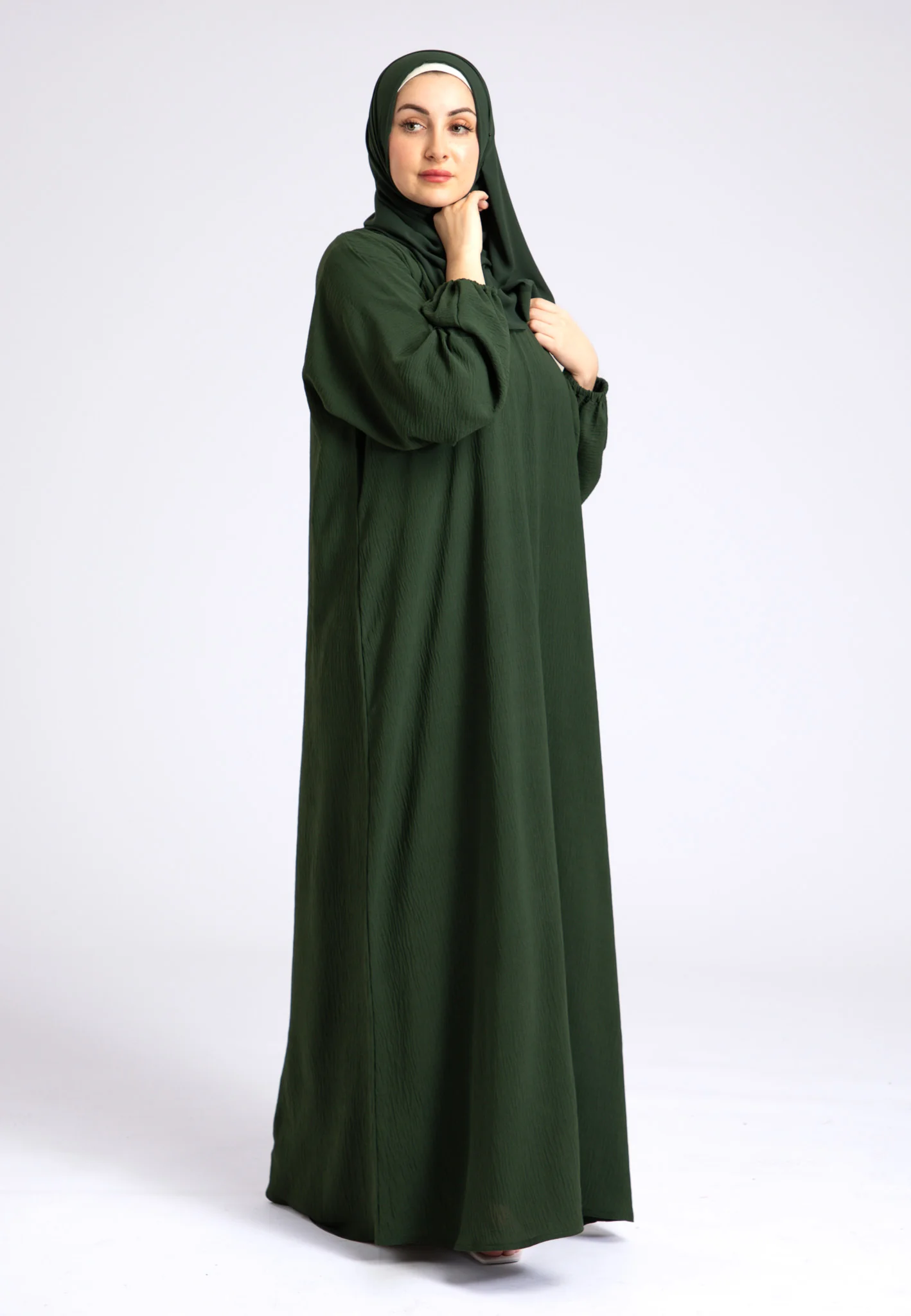 Basic Everyday Abaya With Elasticated Sleeves - Green - Hayah Al-Muslimah