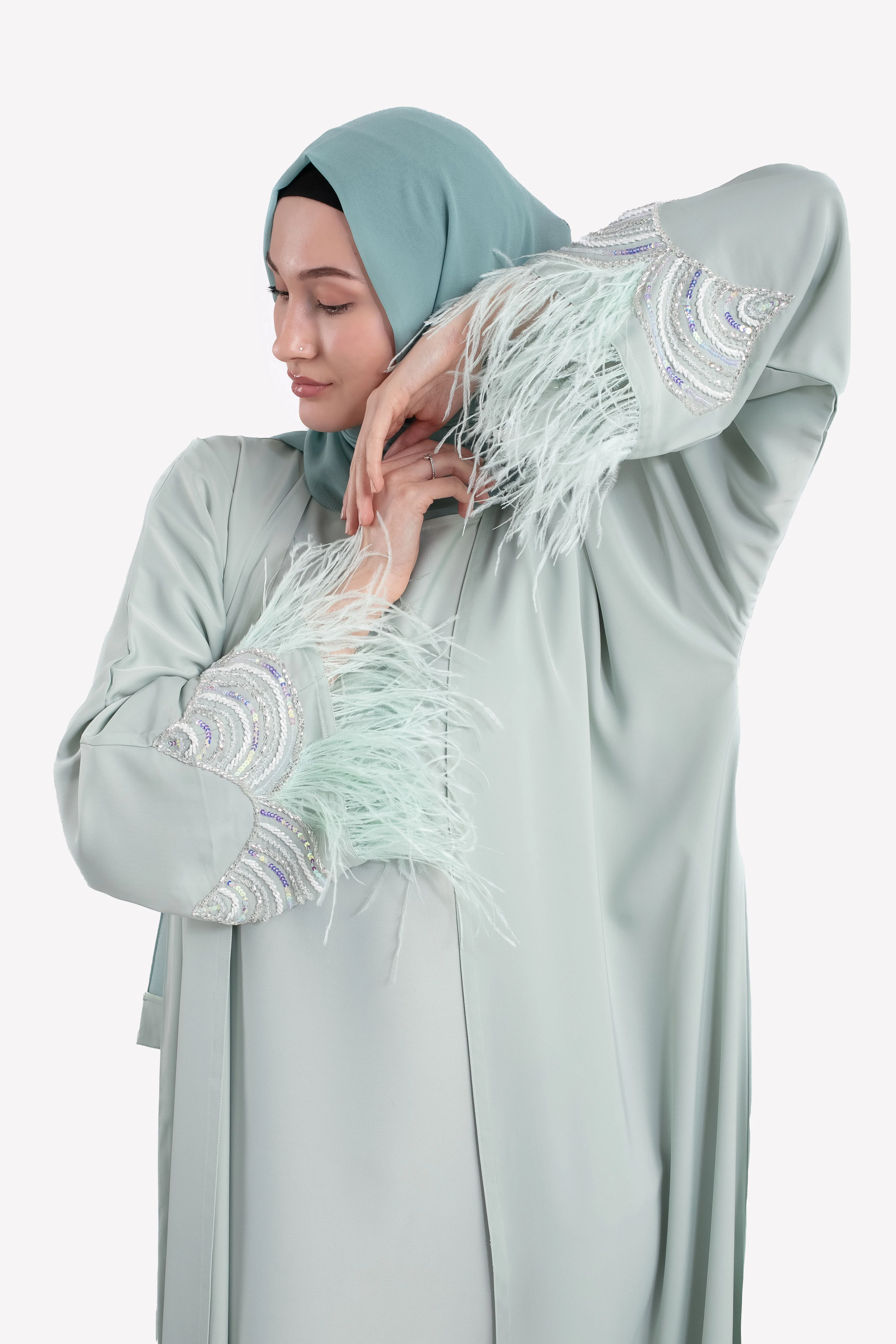 Luxury Soft Mint Feathered 4-Piece Abaya Set - Hayah Al-Muslimah