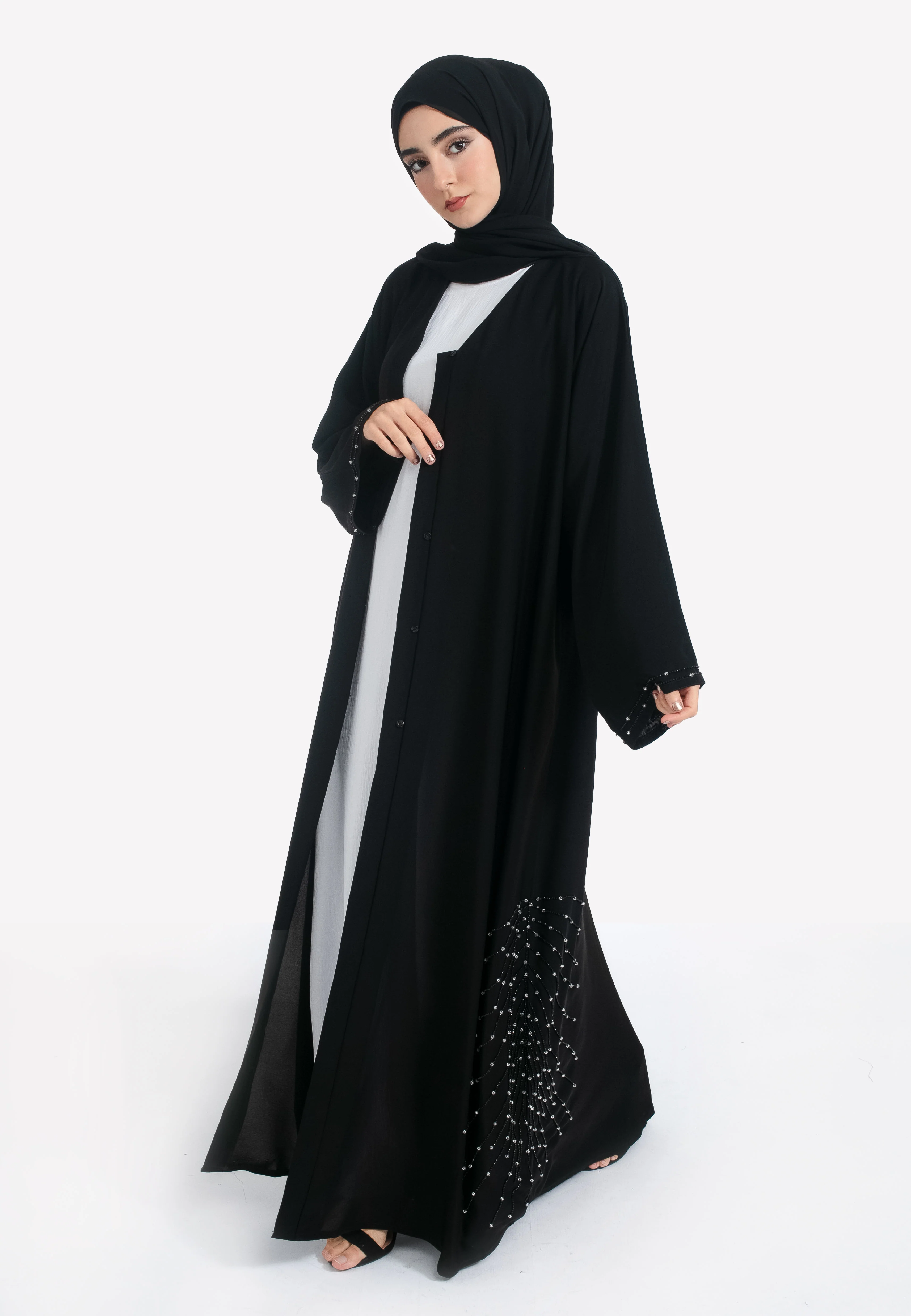 Luxury Celestial Black Embellished Open Abaya - Hayah Al-Muslimah