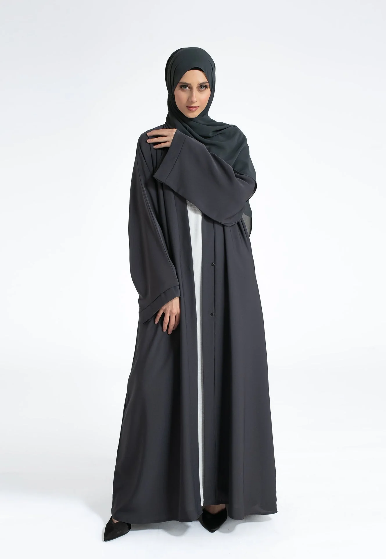 Plain Open Abaya With Wide Sleeves - Charcoal Grey - Hayah Al-Muslimah