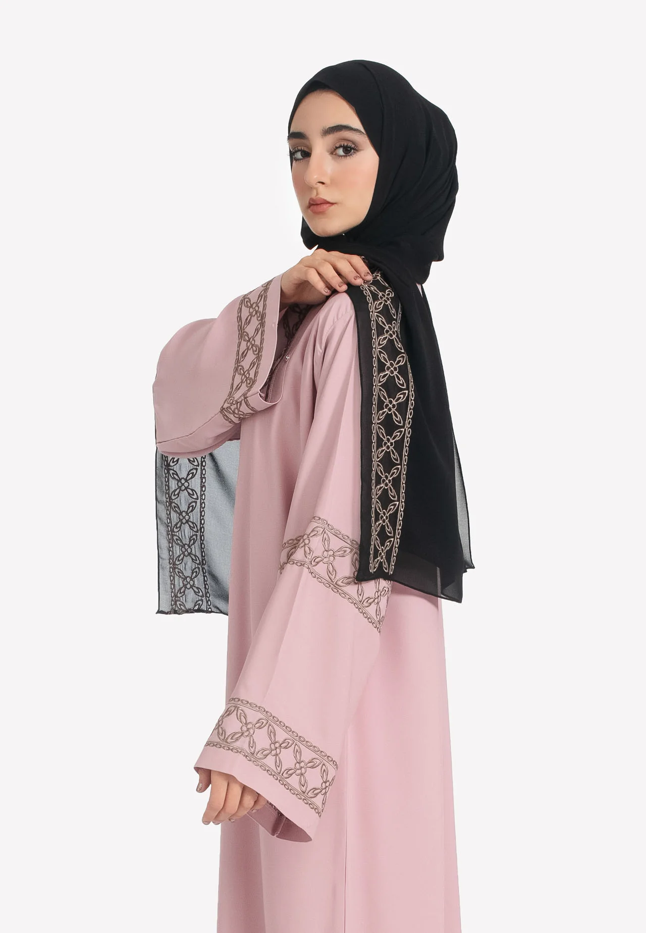 Elegant Blush Pink Open Abaya with Geometric Embroidery - Hayah Al-Muslimah