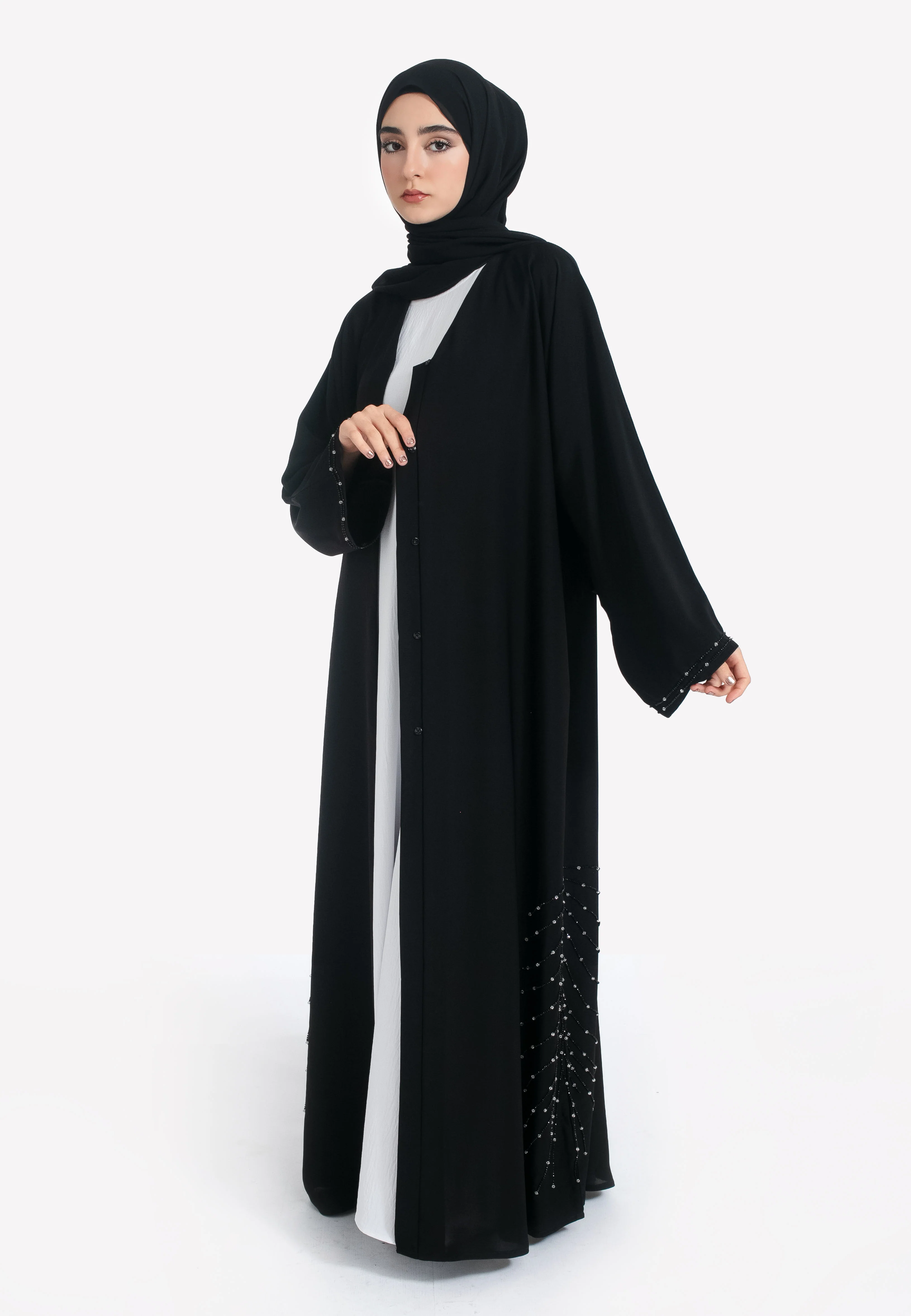 Luxury Celestial Black Embellished Open Abaya - Hayah Al-Muslimah