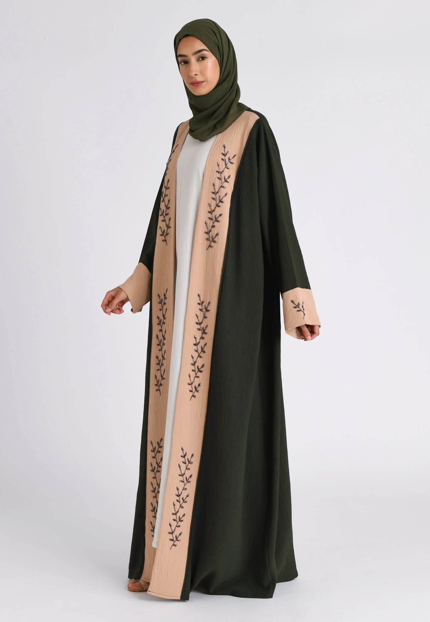 Luxury Pine And Beige Open Kimono Abaya (Premium) - Hayah Al-Muslimah