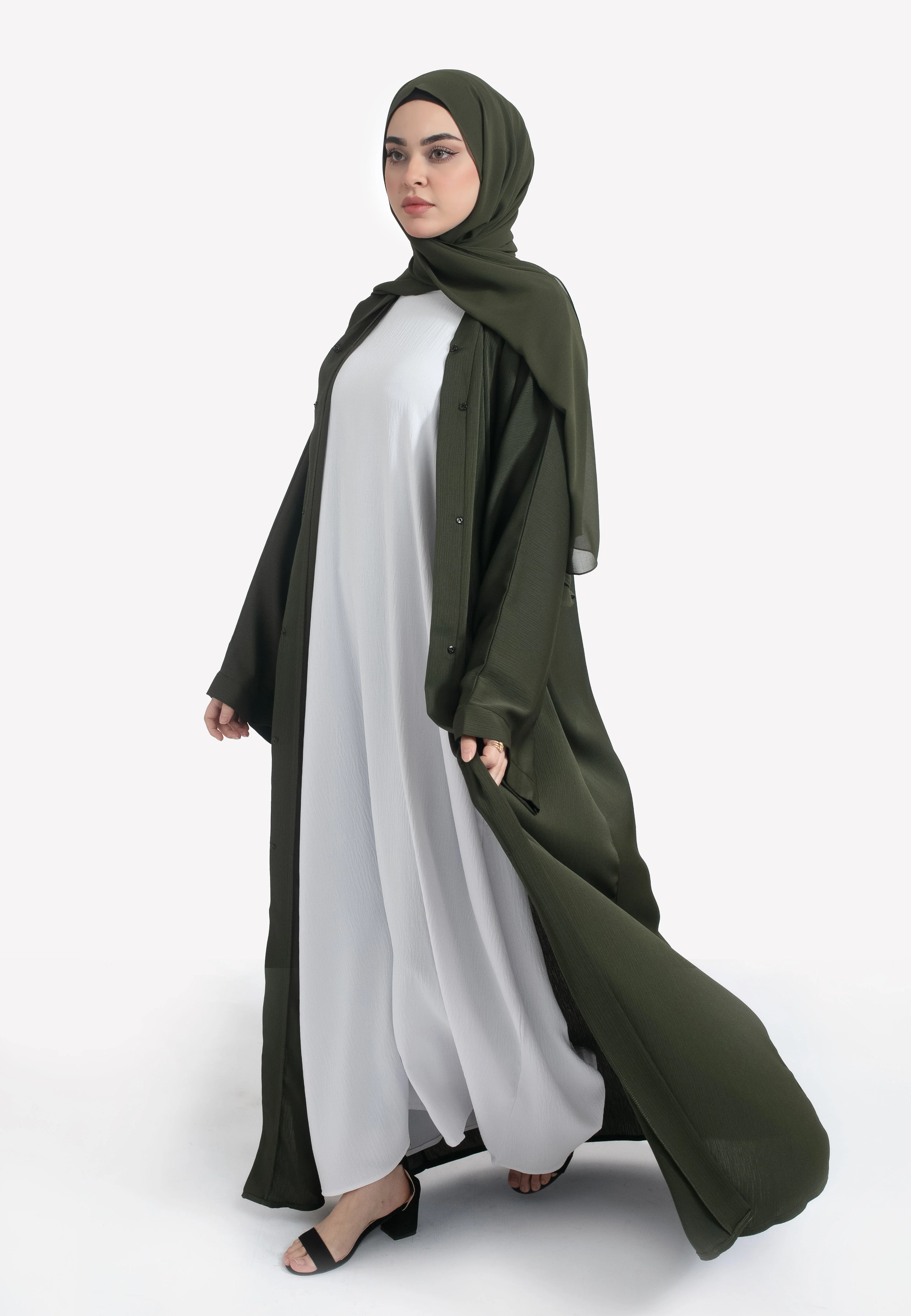 Plain Olive Green Textured Open Abaya - Hayah Al-Muslimah