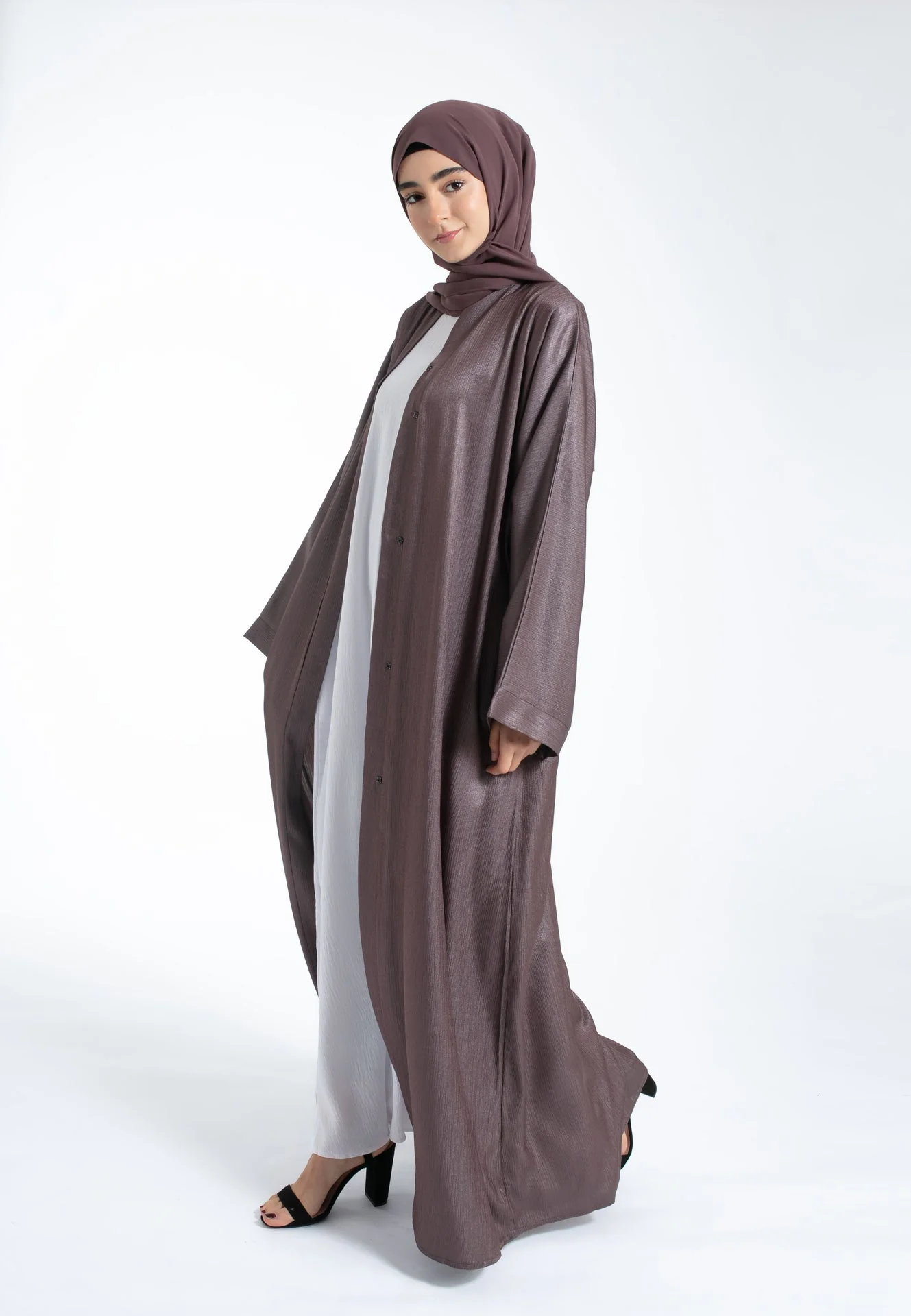Shimmer Textured Open Abaya - Cherry Truffle - Hayah Al-Muslimah