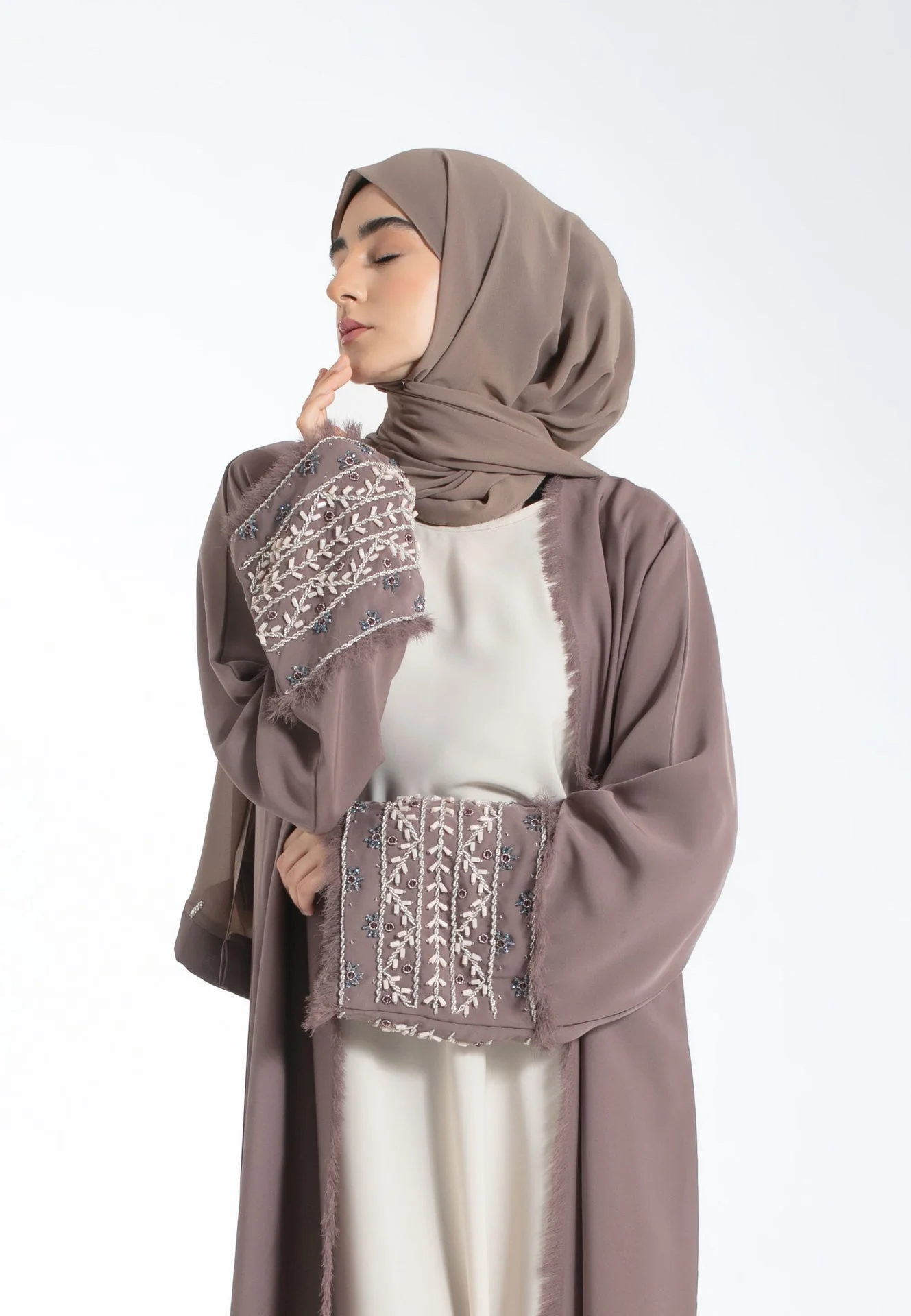 Inayah Taupe Embellished Kimono Abaya - Hayah Al-Muslimah