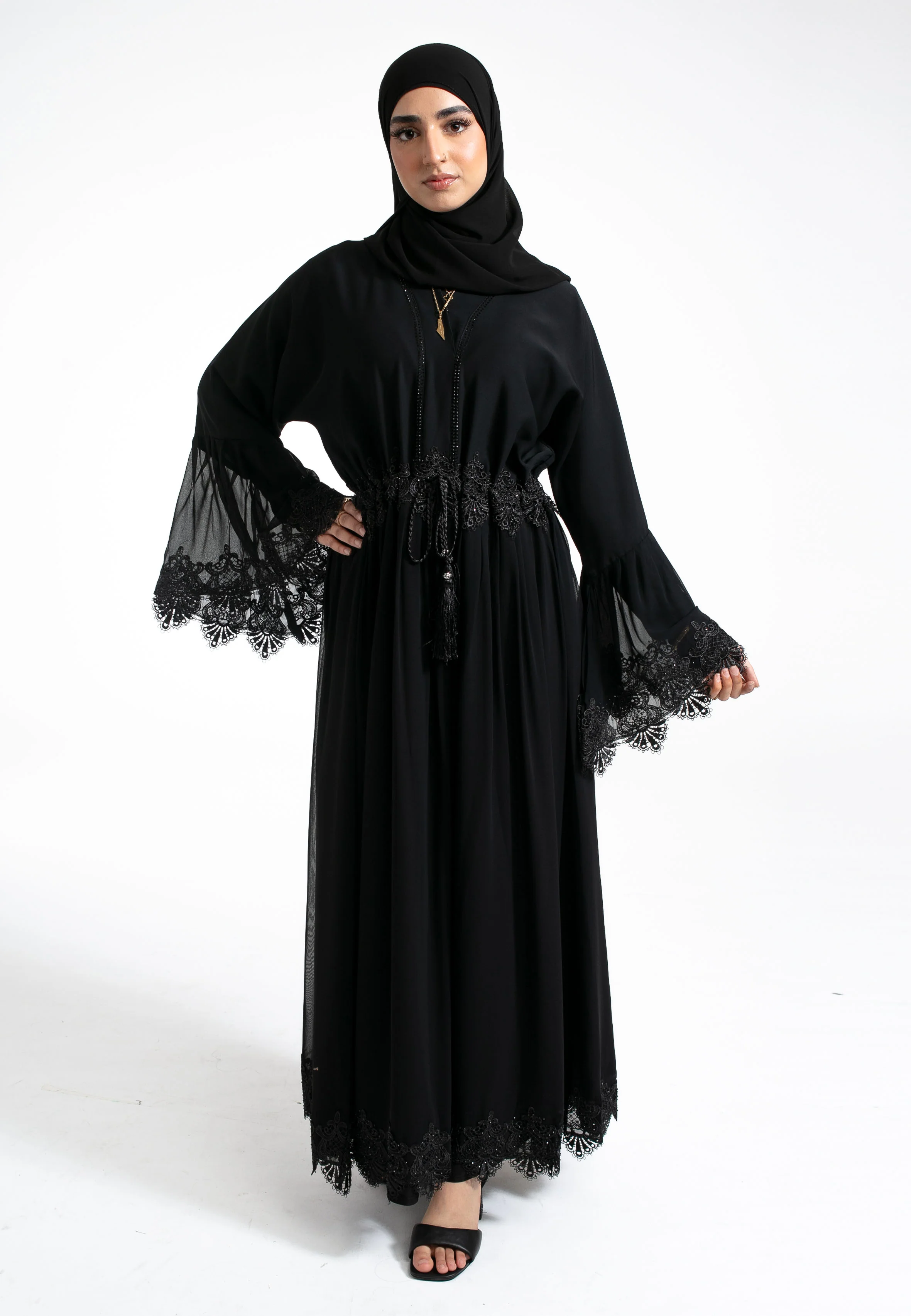 Flared A-Line Lace Abaya With Lining (Premium) - Hayah Al-Muslimah