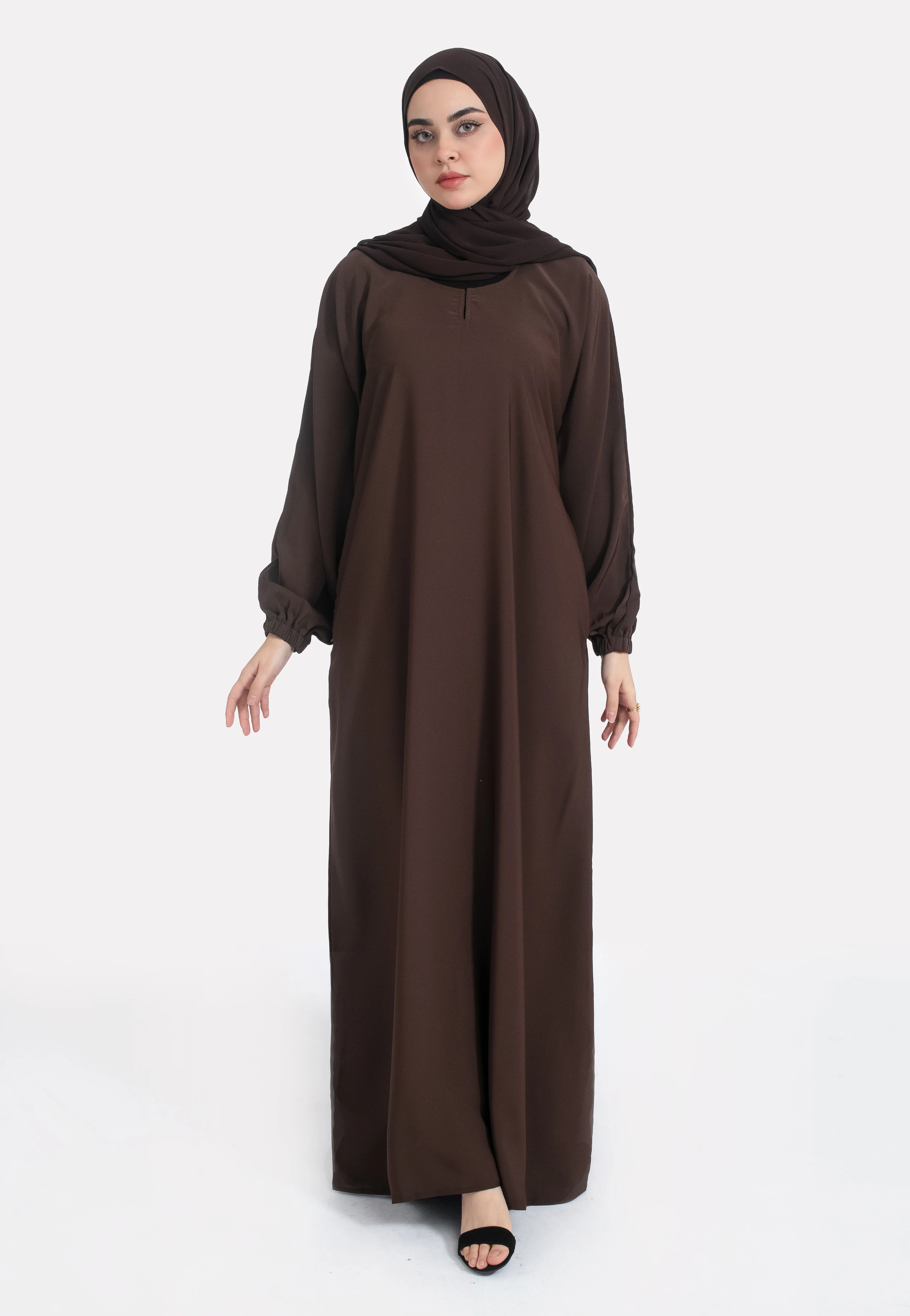 Brown Closed Abaya with Zip Pockets & Cuff Sleeves - Hayah Al-Muslimah