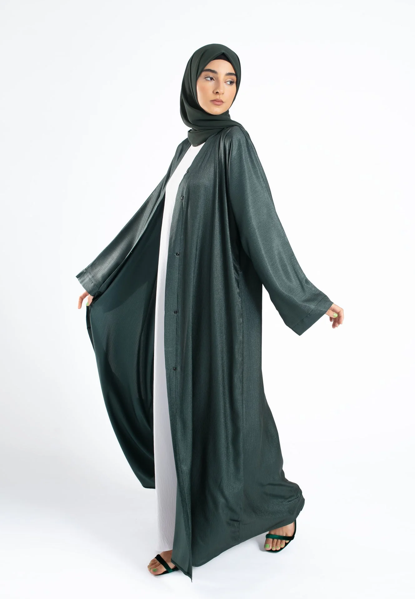 Shimmer Textured Open Abaya - Forest Green - Hayah Al-Muslimah