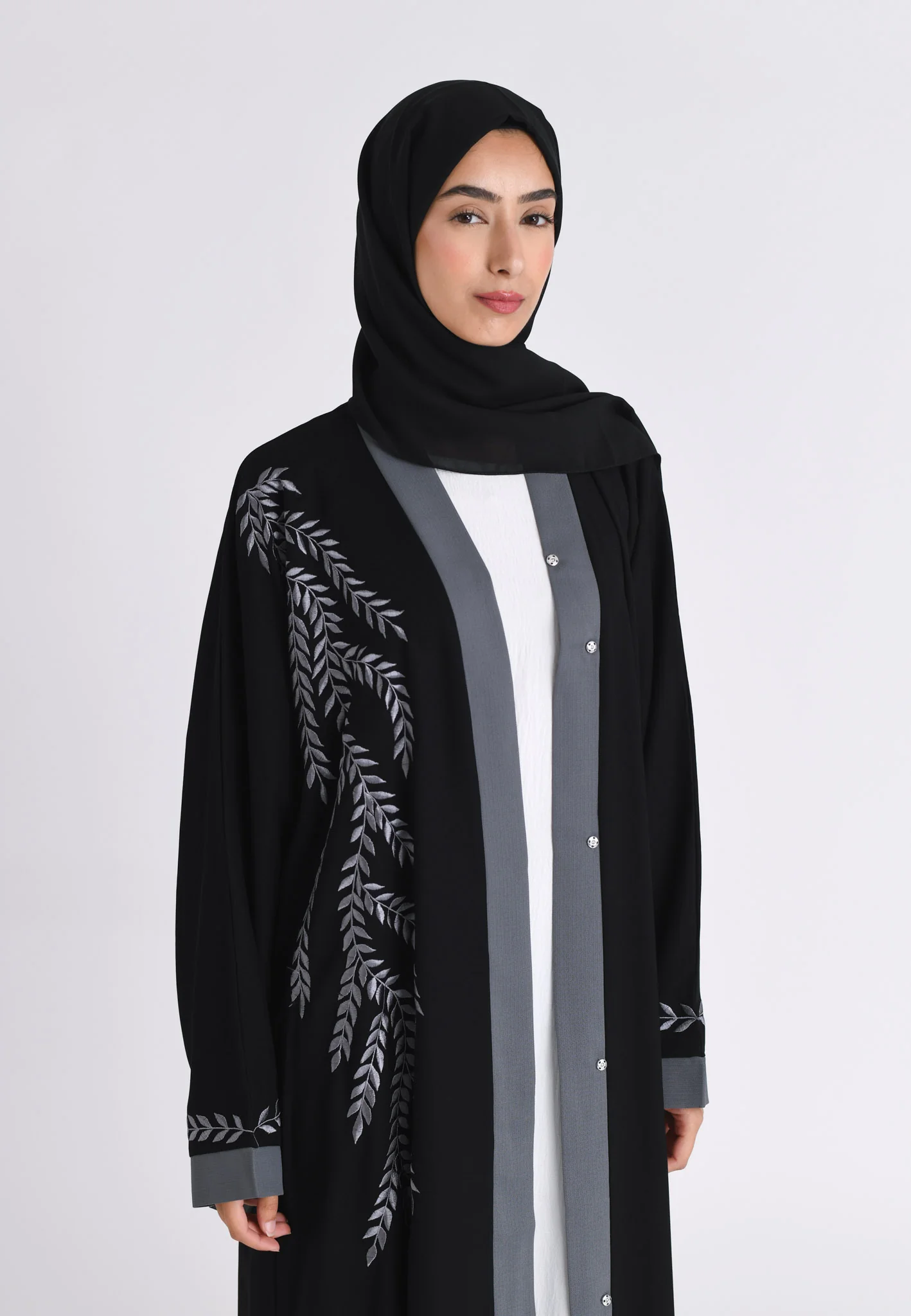 Stone Grey Embroidered Open Abaya (Premium) - Hayah Al-Muslimah