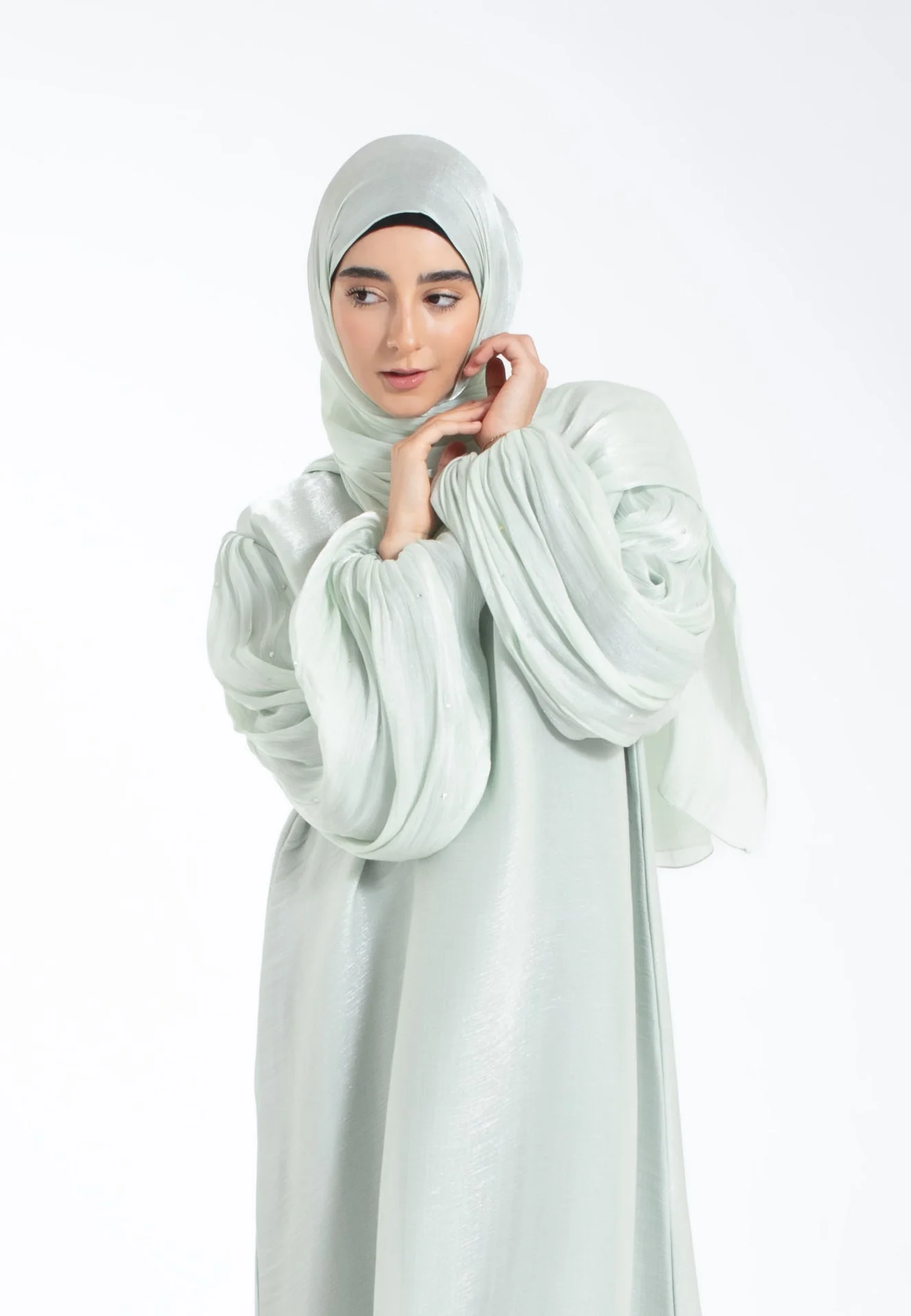 Luxury Mint Organza Dainty Embellished Closed Abaya - Hayah Al-Muslimah