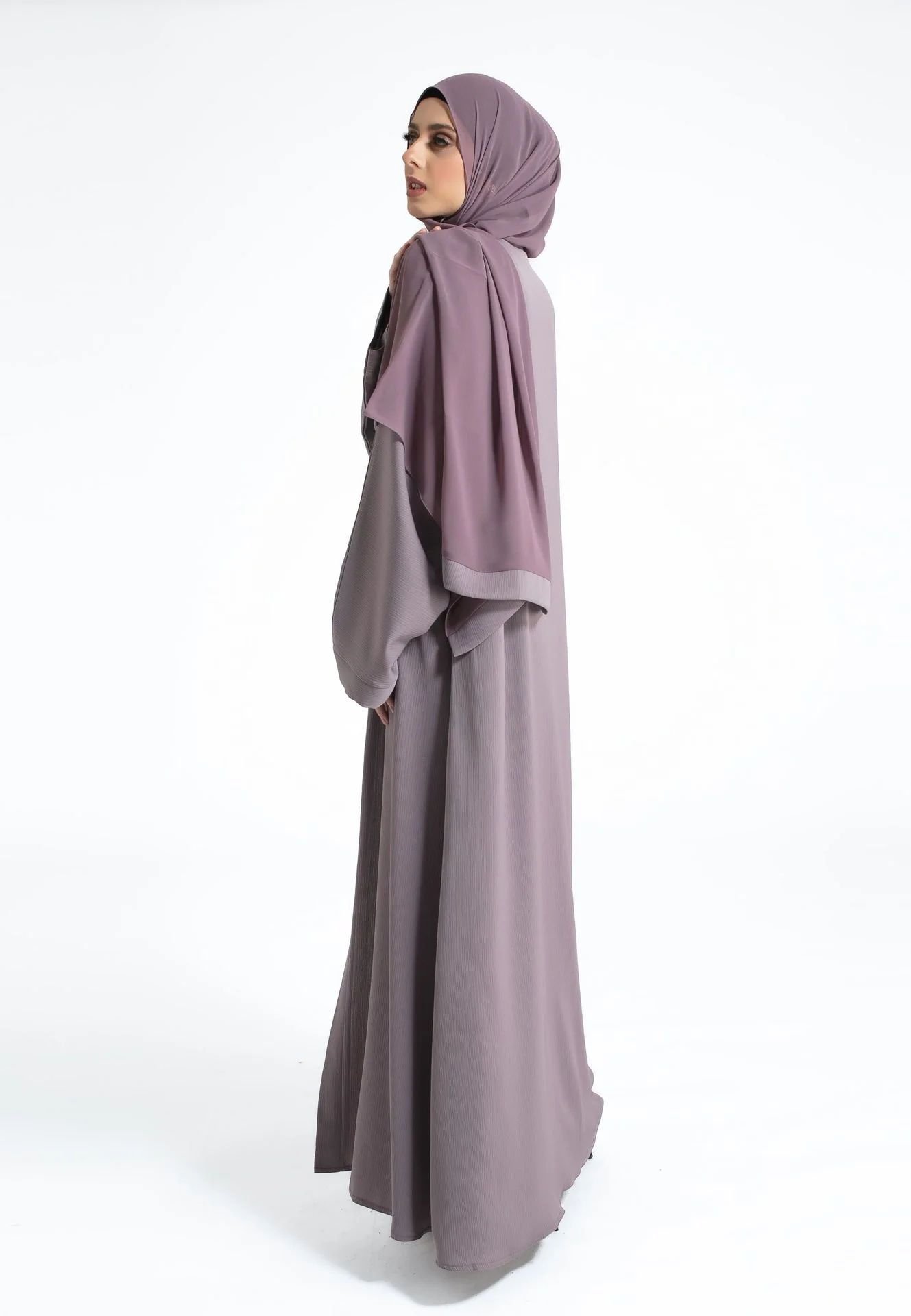 Plain Textured Open Abaya - French Lilac - Hayah Al-Muslimah
