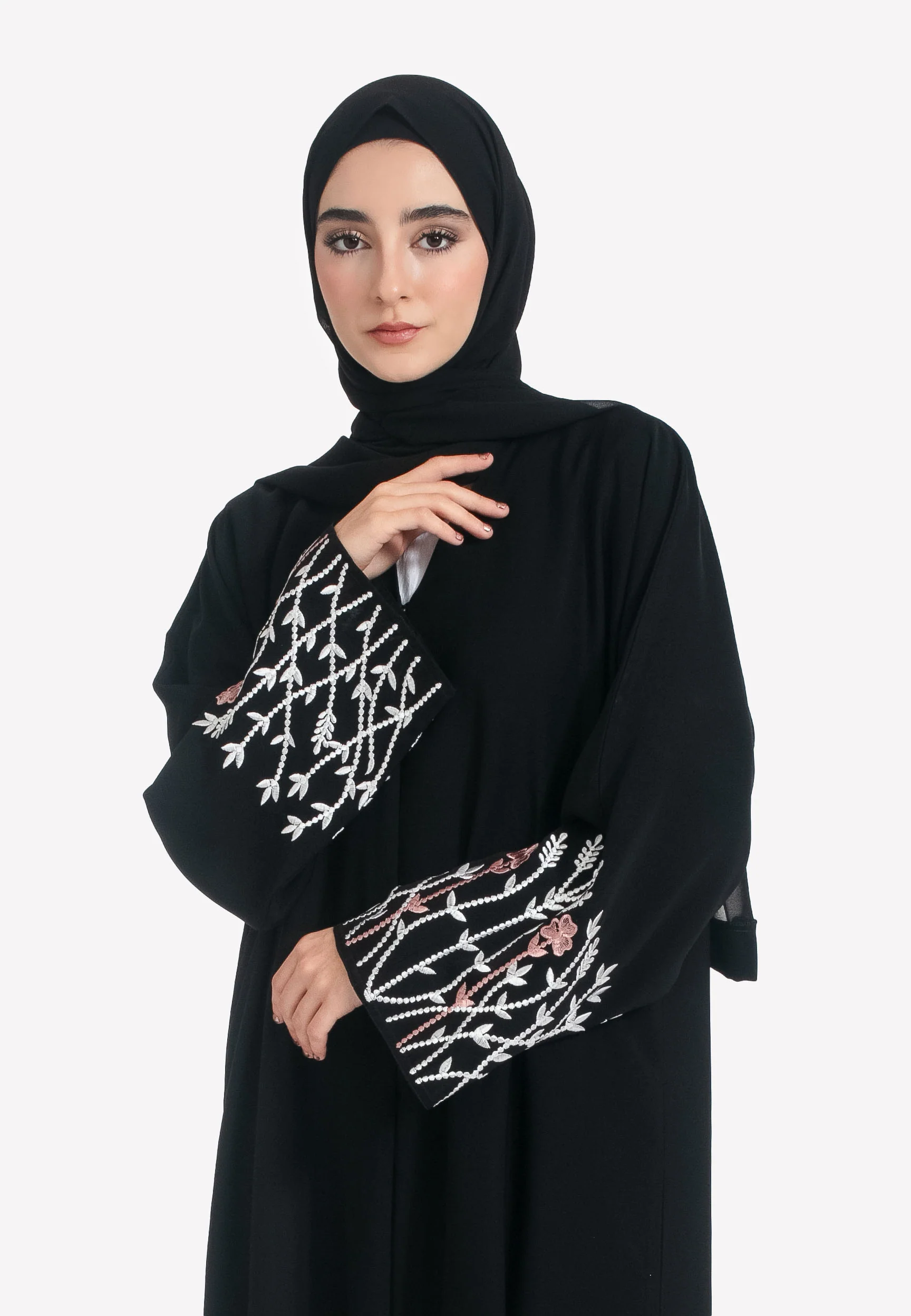 Blossom Embroidered Open Abaya - Black - Hayah Al-Muslimah