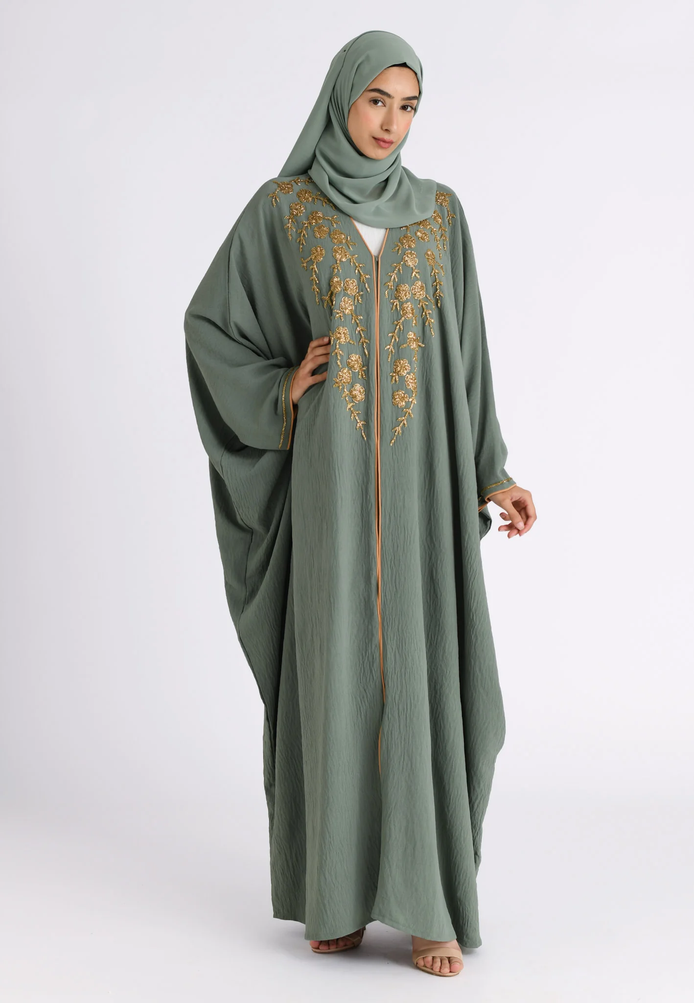 Premium Luxury Sage Green Embellished Open Farasha Abaya - Hayah Al-Muslimah