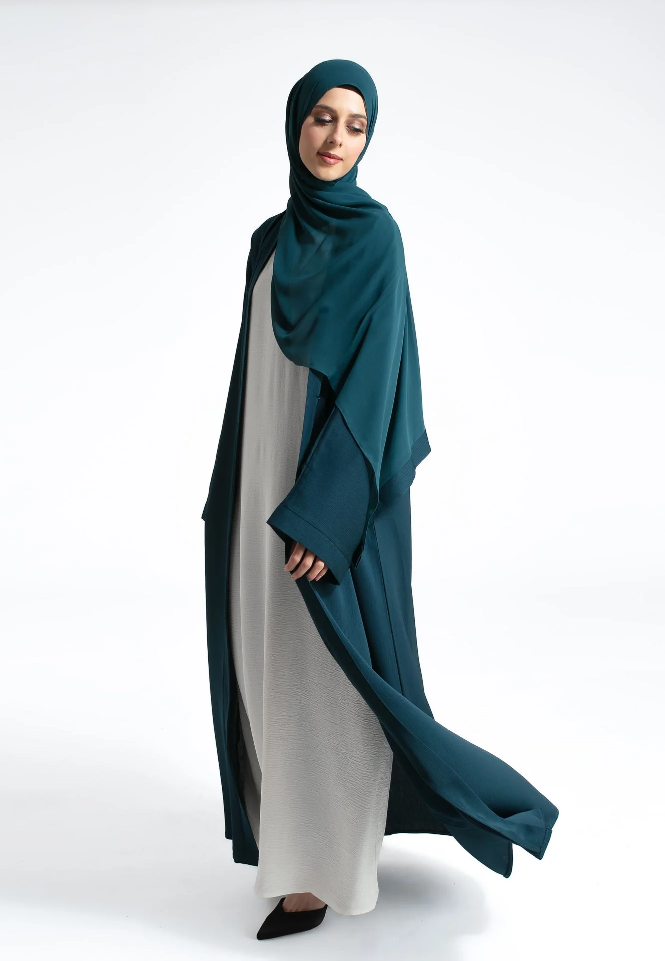 Plain Textured Open Abaya - Teal - Hayah Al-Muslimah