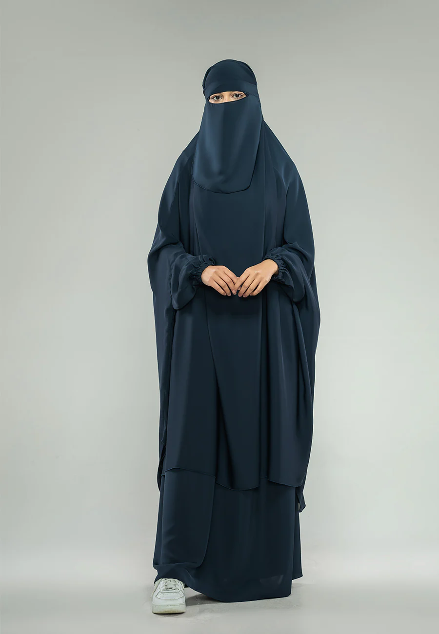 Navy Two-Piece Jilbab With Elasticated Cuff - Prayer / Abaya Dress (Premium) - Hayah Al-Muslimah