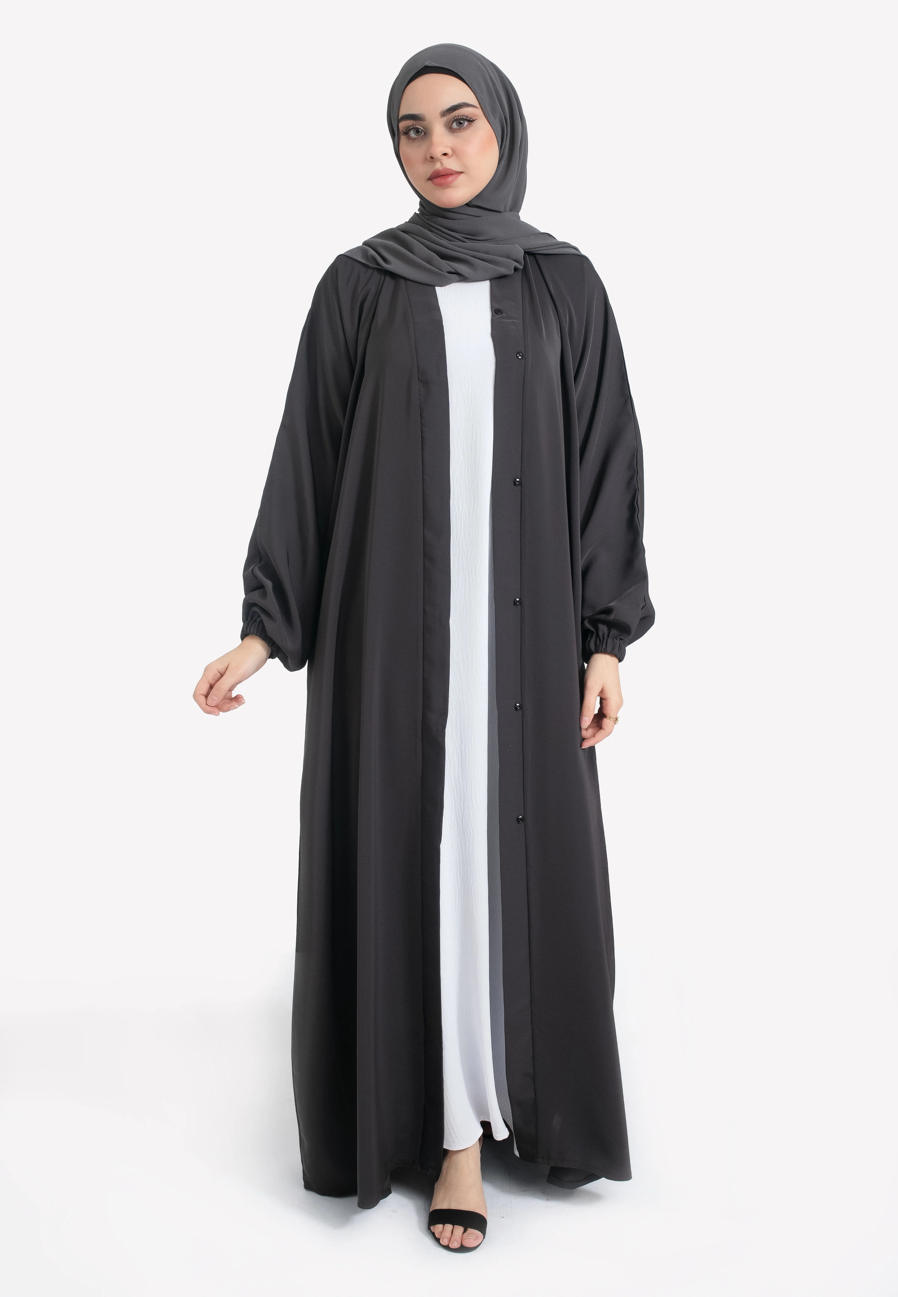 Plain Charcoal Open Abaya With Elasticated Cuff Sleeves - Hayah Al-Muslimah
