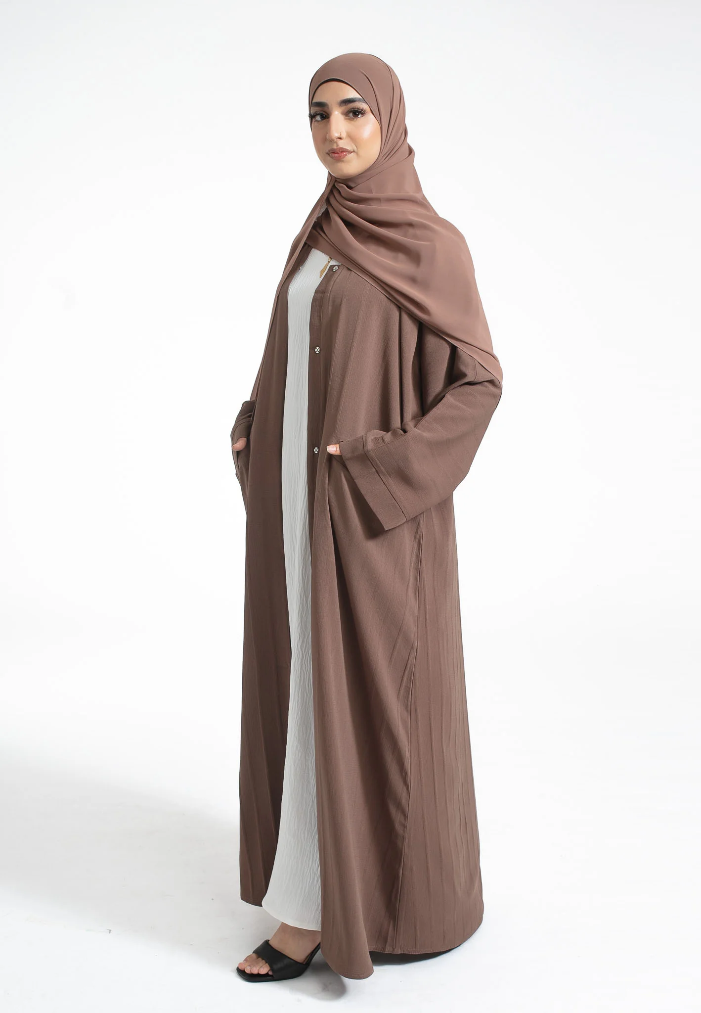 Luxury Mink Textured Open Abaya With Pockets (Premium) - Hayah Al-Muslimah