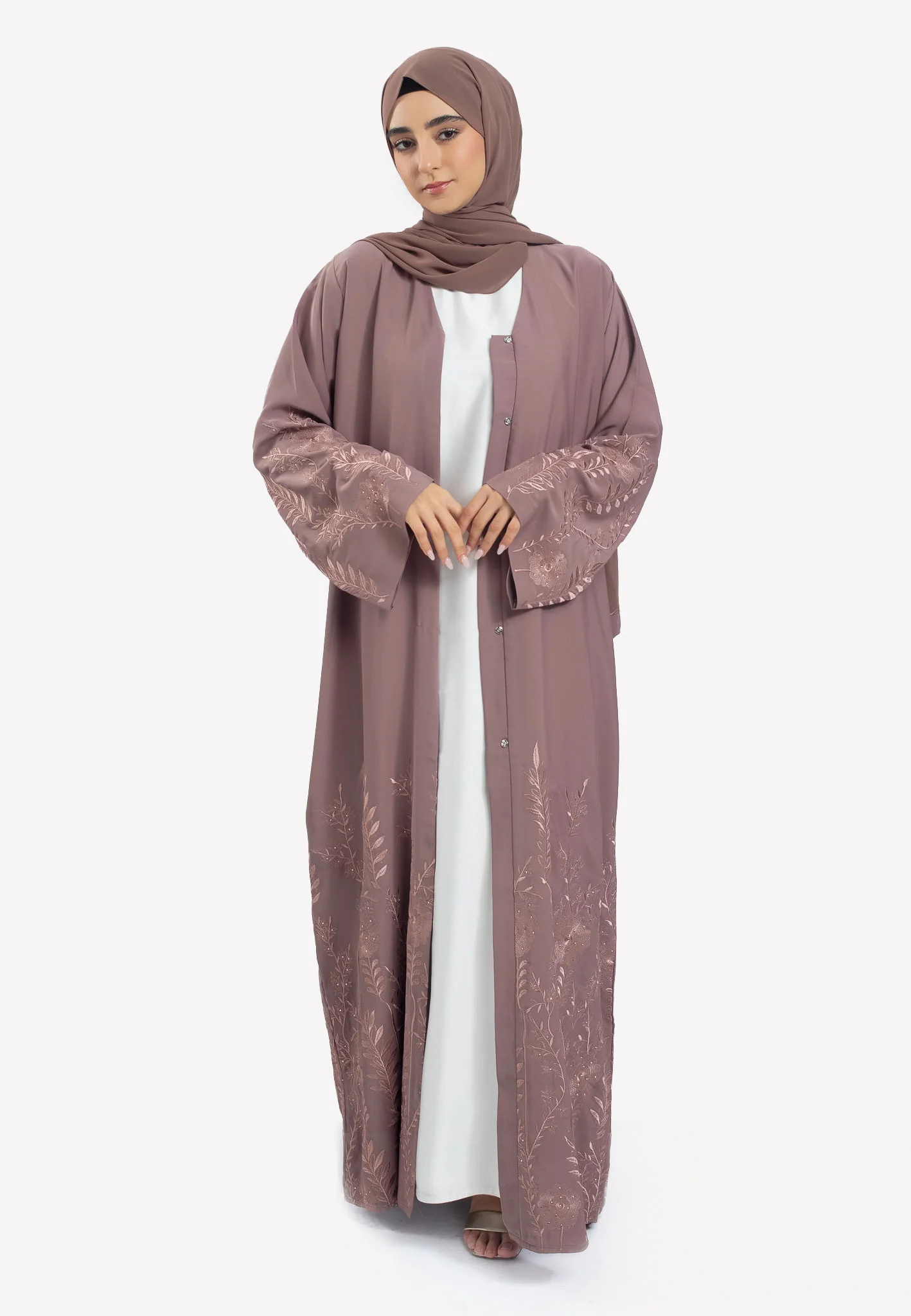 Premium Amira Luxe Open Abaya with Ornate Floral Embroidery - Hayah Al-Muslimah