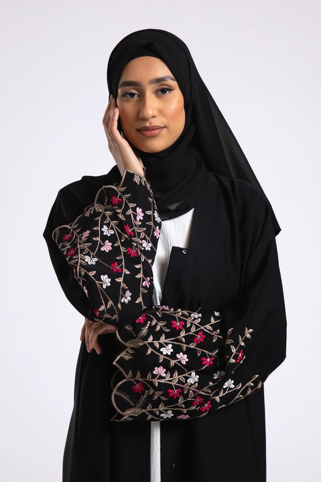 Secret Paradise Bloom Embroidered Open Abaya (Premium) - Hayah Al-Muslimah